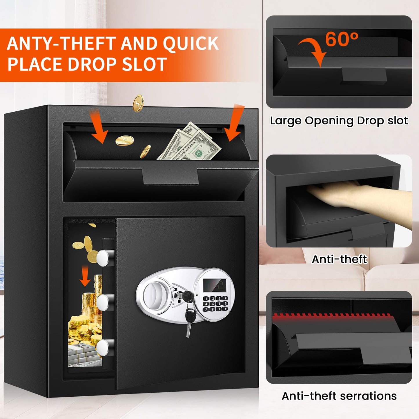 2.6 Cuft Depository Safe for Business with Quick Place Drop Slot, Cash Drop Safes with Digital Combination LCD Display and Anti-Fishing, Security Drop Safe for Cash, Mail, Checks, Document