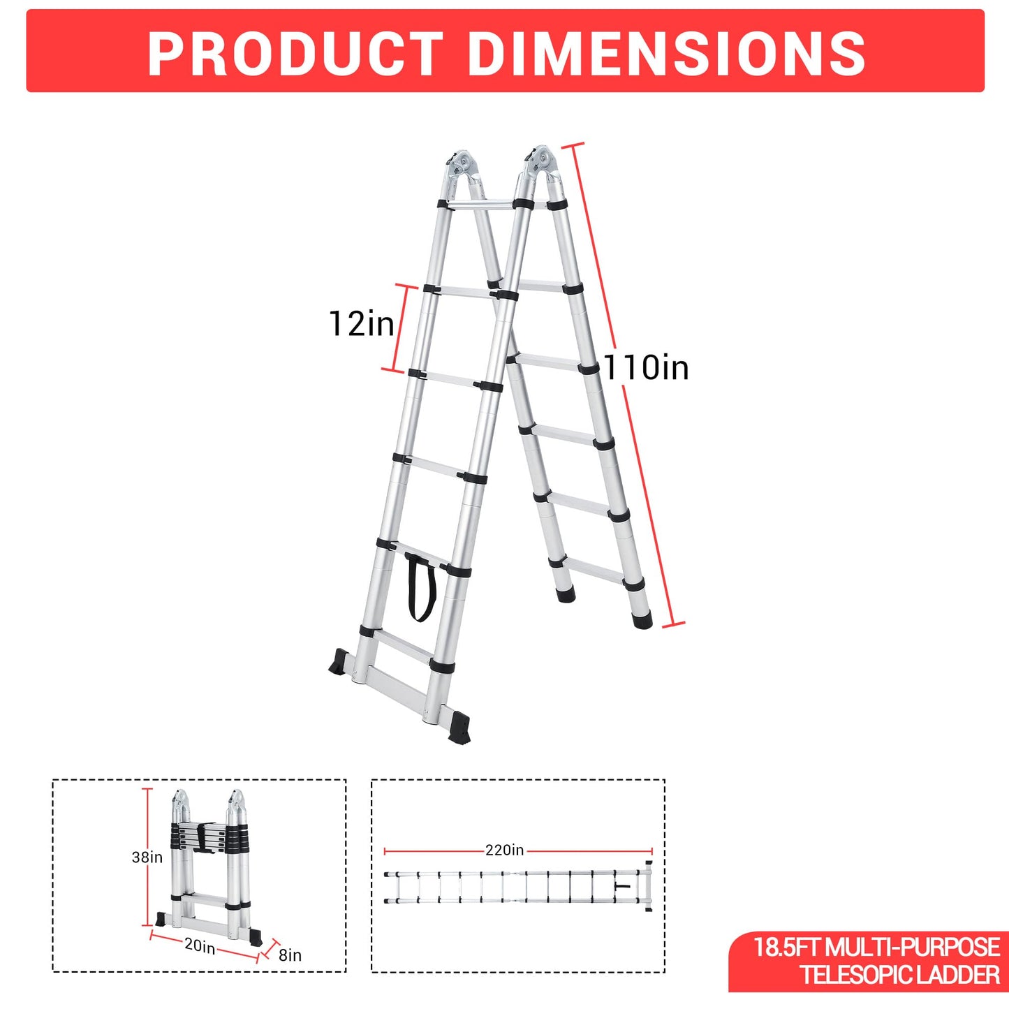 18.5 ft Aluminium Telescoping Ladder, Multi-Use a-Frame Collapsible Ladder with Non-Slip Feet and Stabilizers, Portable & Lightweight, Ideal for Household, Outdoor Working and Garden Use