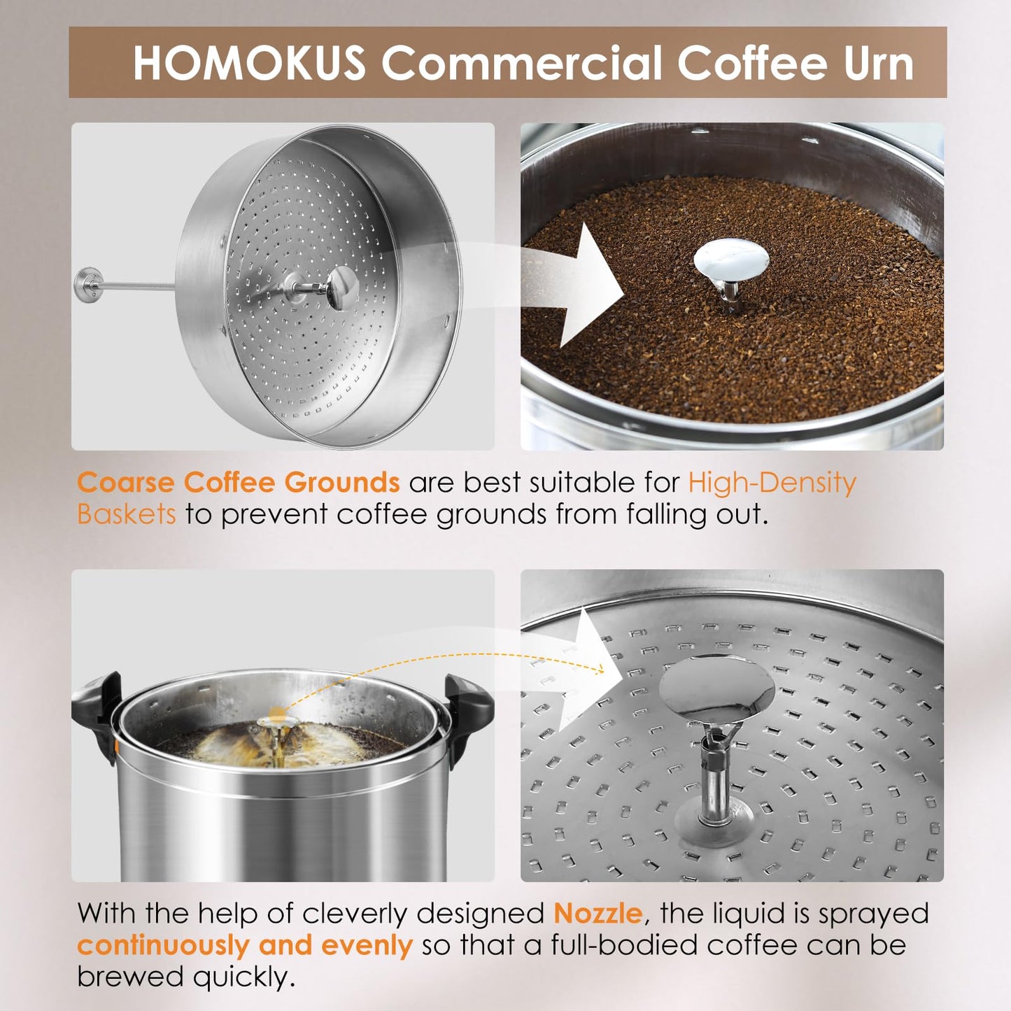 HOMOKUS Commercial Coffee Urn, 120 Cup Extra Large Hot Water Urn, 18L Silver Double Wall Stainless Steel Large Coffee Urns, 1500W Quick Brew Commercial Coffee Percolator Electric for Gatherings
