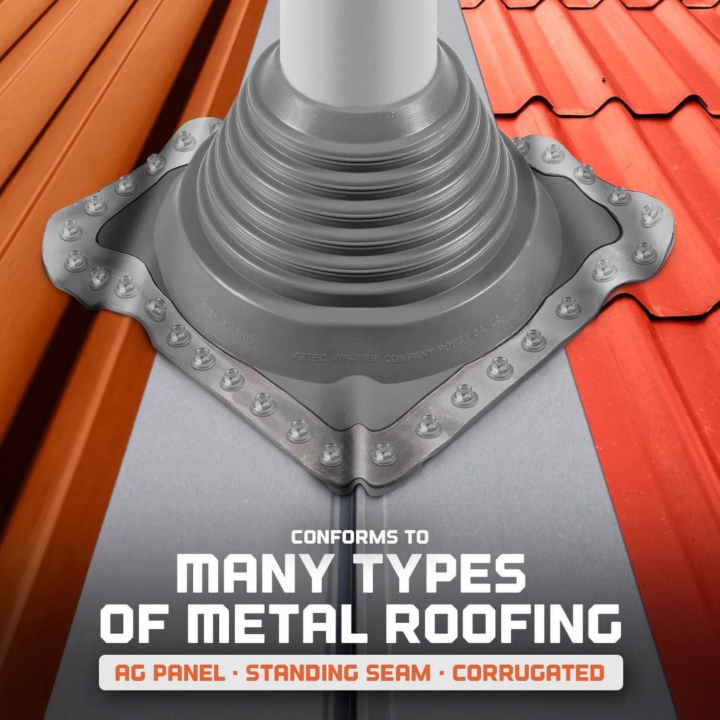 Fasteners Plus #3 Square Retrofit EPDM Metal Roof Pipe Flashing Boot (Made in USA), Fits 9-1/4” - 16-1/4” Pipe OD, Gray Metal Roof Boot for Repairs and Upgrades