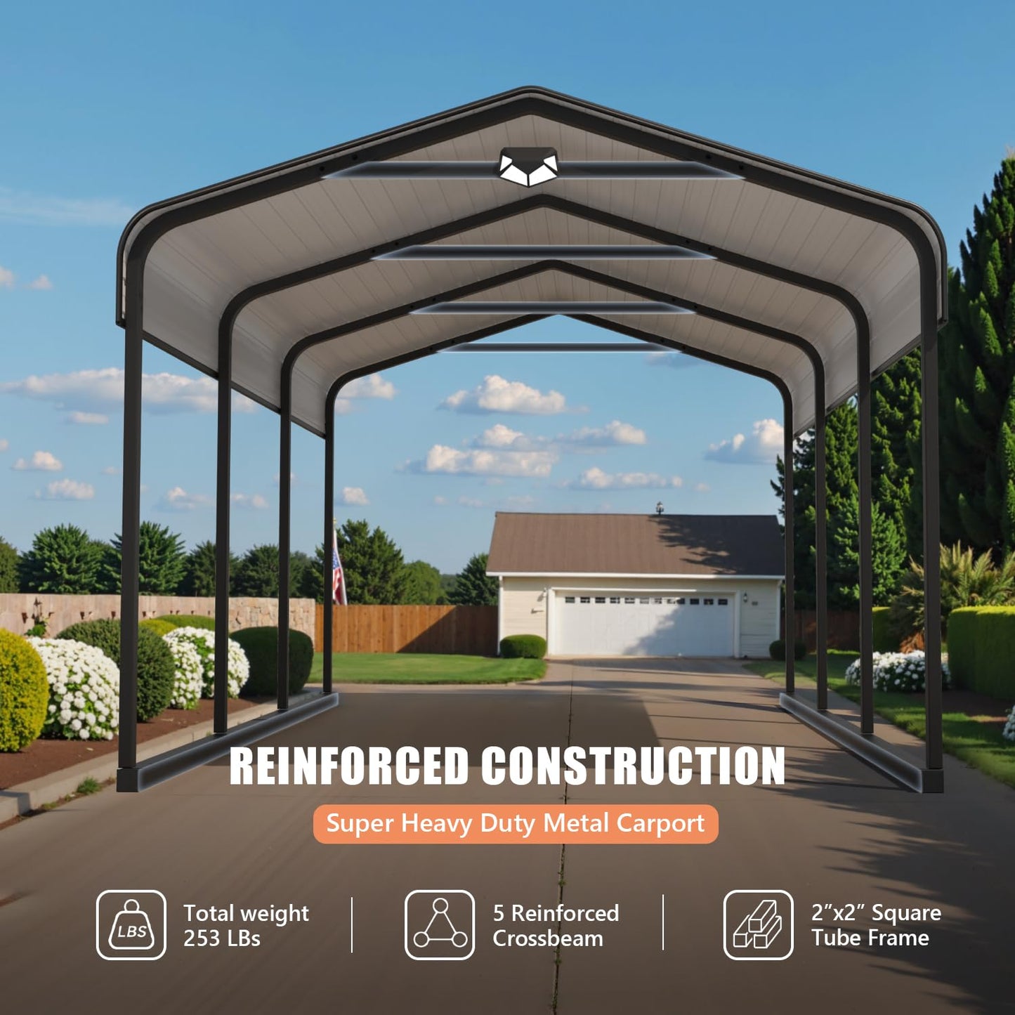 Benass 10x15FT Heavy Duty Metal Carport, Galvanized Steel Roof Portable Garage with PE Sidewalls, 2x2 Reinforced Square Tube Frame, All-Weather Waterproof Shelter for Car, Truck, Boat