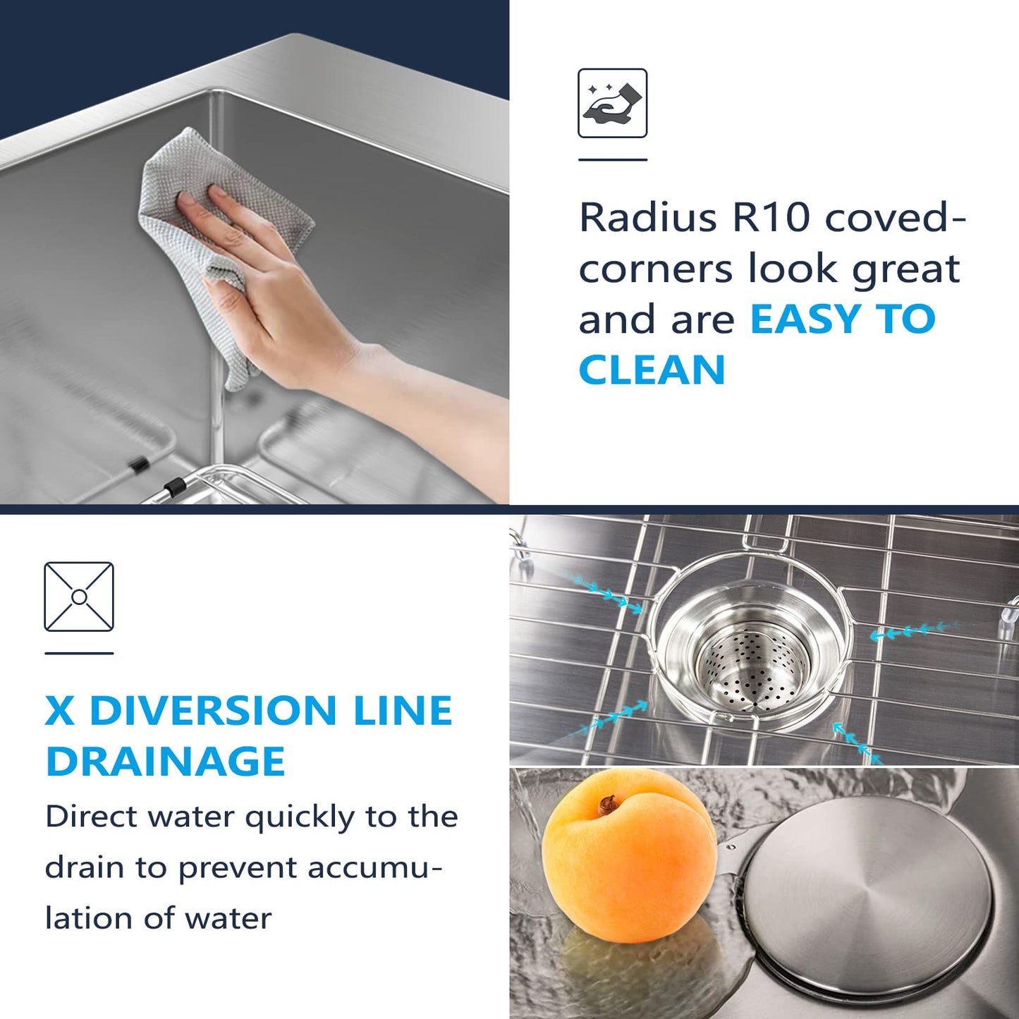 Kitchen Sink 27 x 22 inch Drop-In Top Mount 16 Gauge Tight Radius Single Bowl 2-Hole Stainless Steel Kitchen Sink and Accessories (Pack of 4)