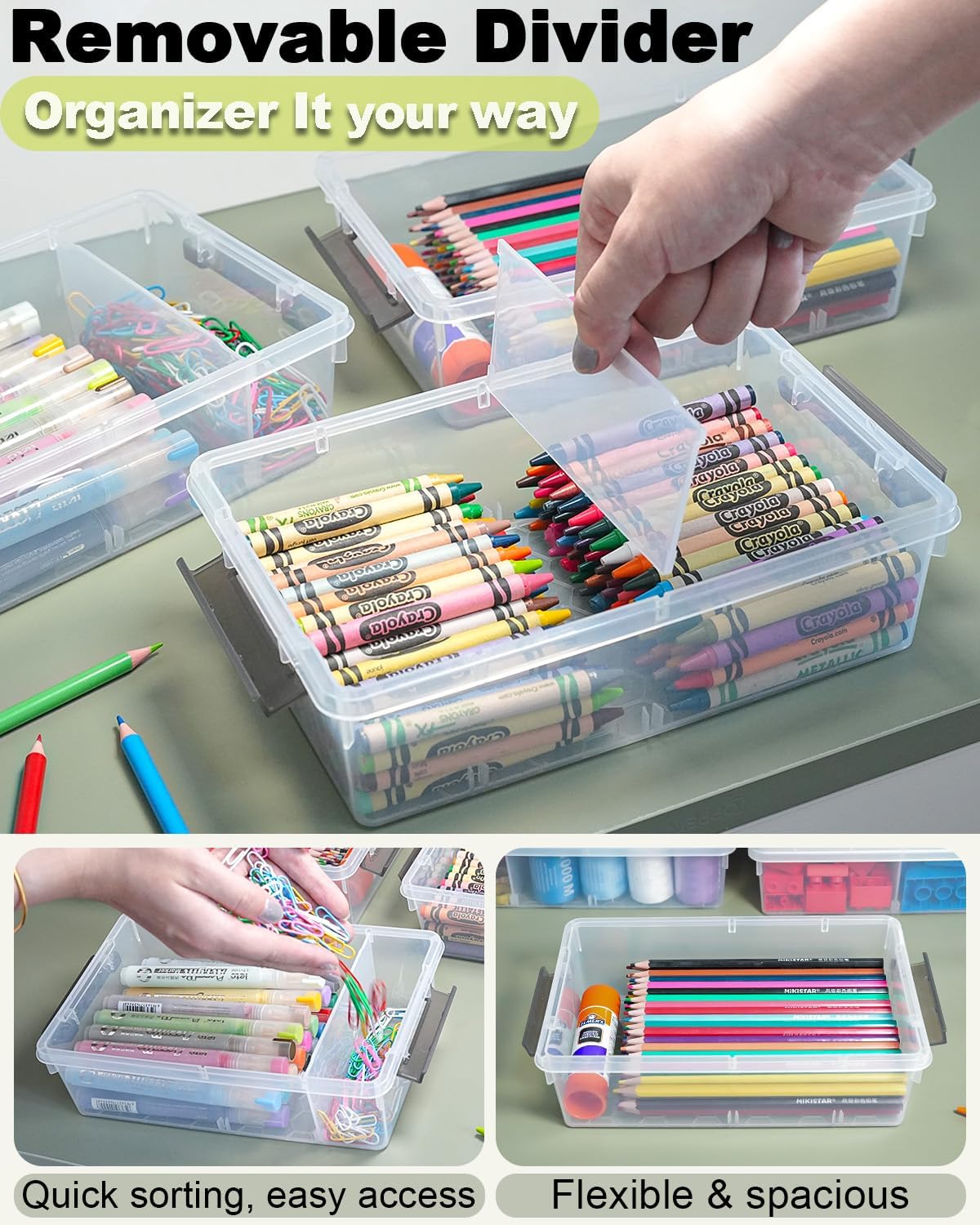 Skiennix Extra Large Pencil Box - Removable Divider & Stackable Design | 12 Pack Clear Organizer (Grey)