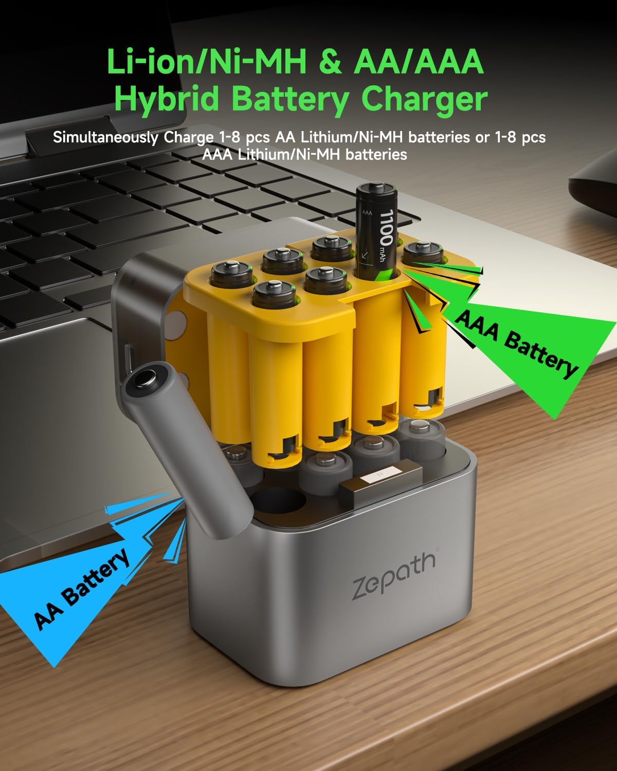 Zepath Charger,8 1.5V 1.2V AA AAA Battery Bays Individual Rechargeable Battery Charger for Lithium Batteries aa