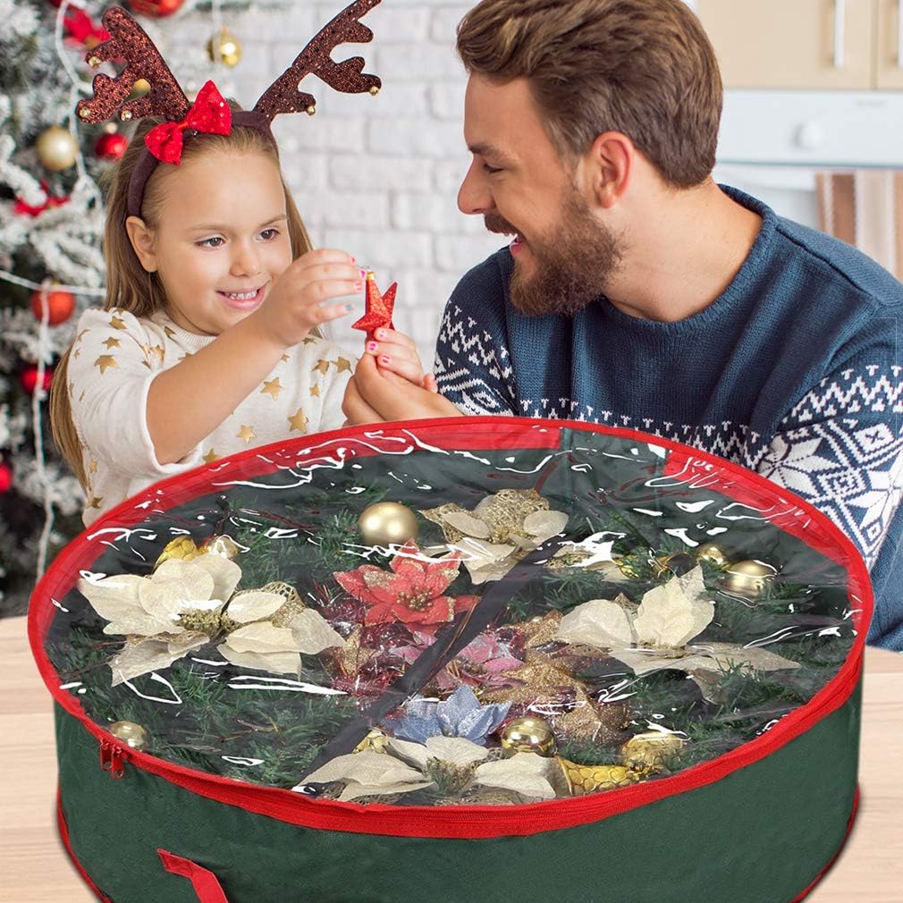 Primode Christmas Wreath Storage Bag - Extra Large 48" Container with Clear Window | Durable 600D Oxford Material | Green