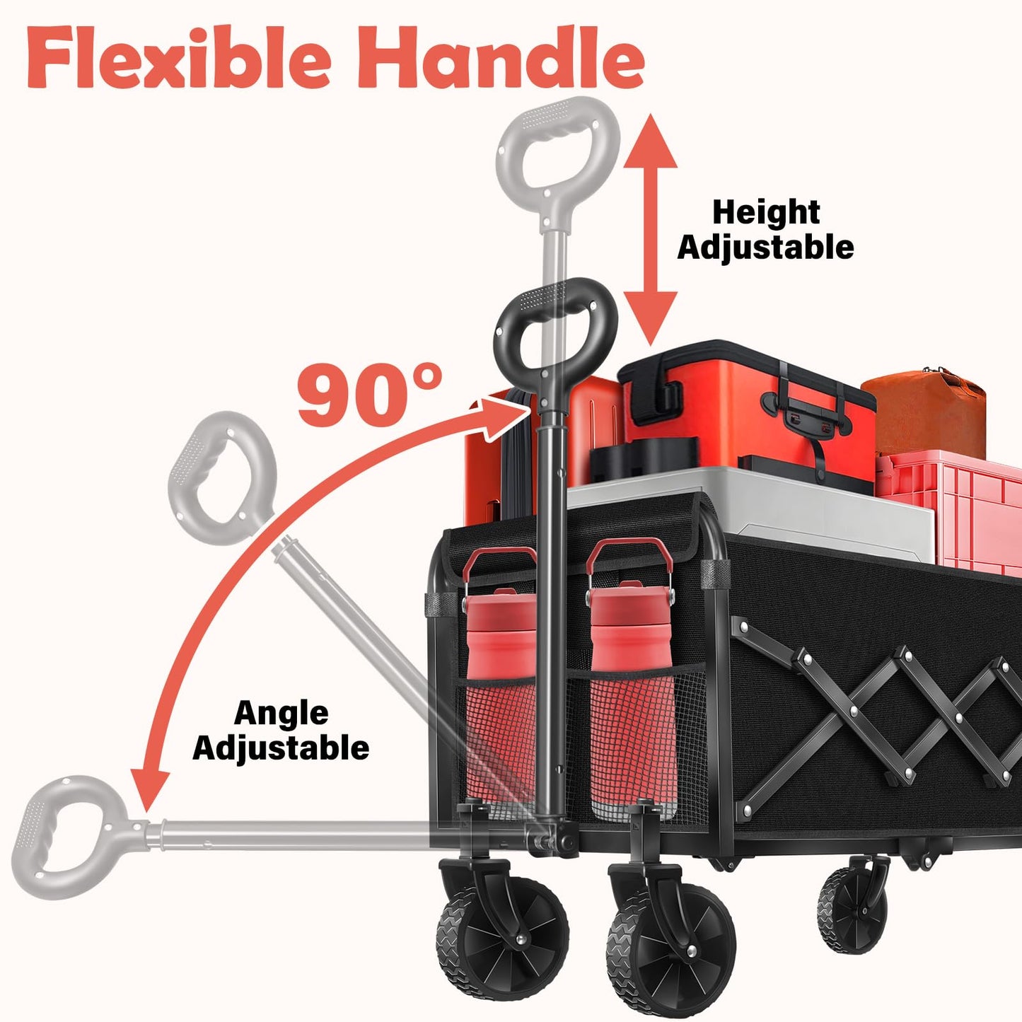 Wagons Carts Foldable, 360 Lbs with Adjustable Handle, Black Lightweight Portable, Collapsible Wagon for Camping, Shopping, Sports, Travel, Garage and Gardening Storage with Drink Holders