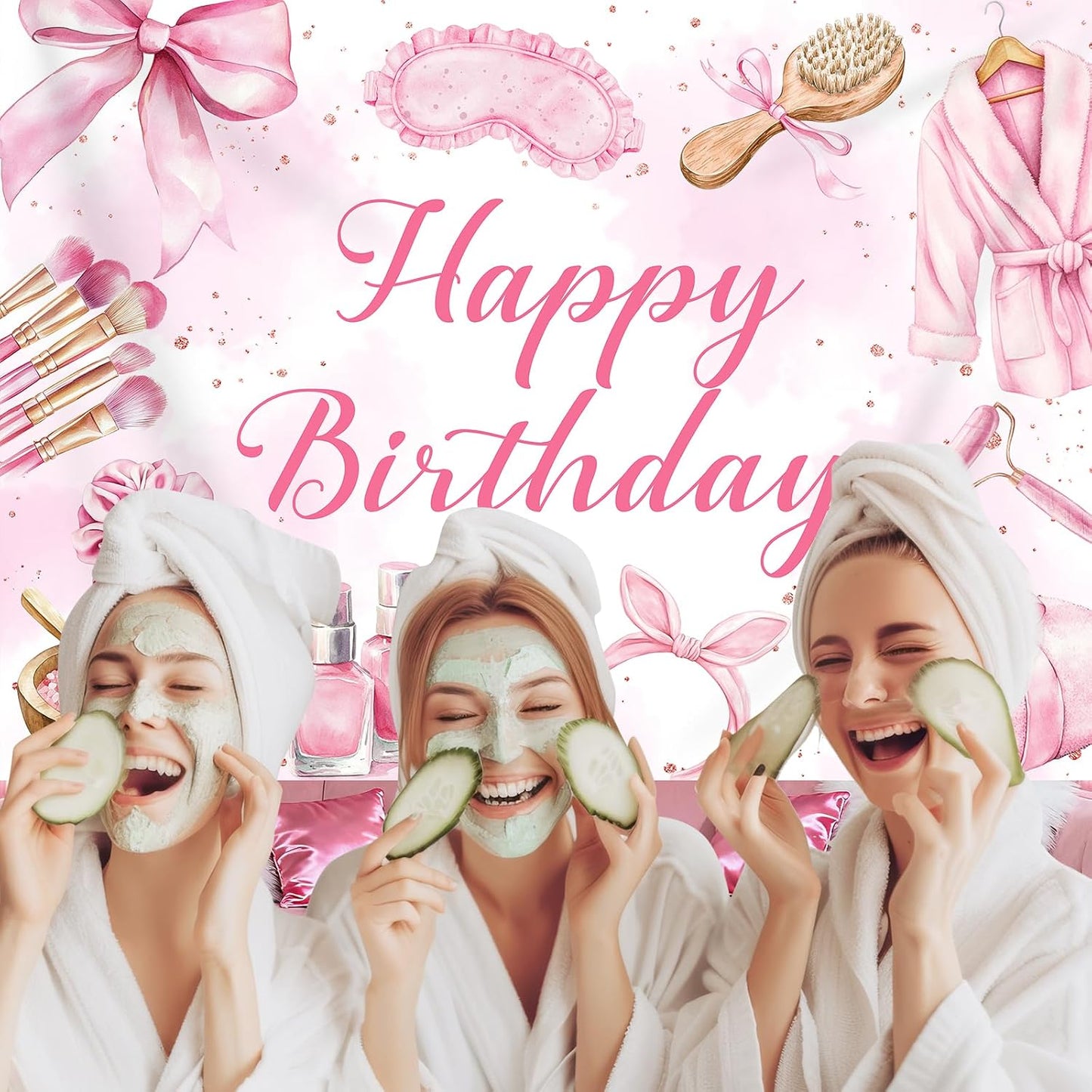 Bcuuipo 7x5ft Spa Party Happy Birthday Backdrop Pink Beauty Makeup Slumber Pajama Sleepover Background for Girls