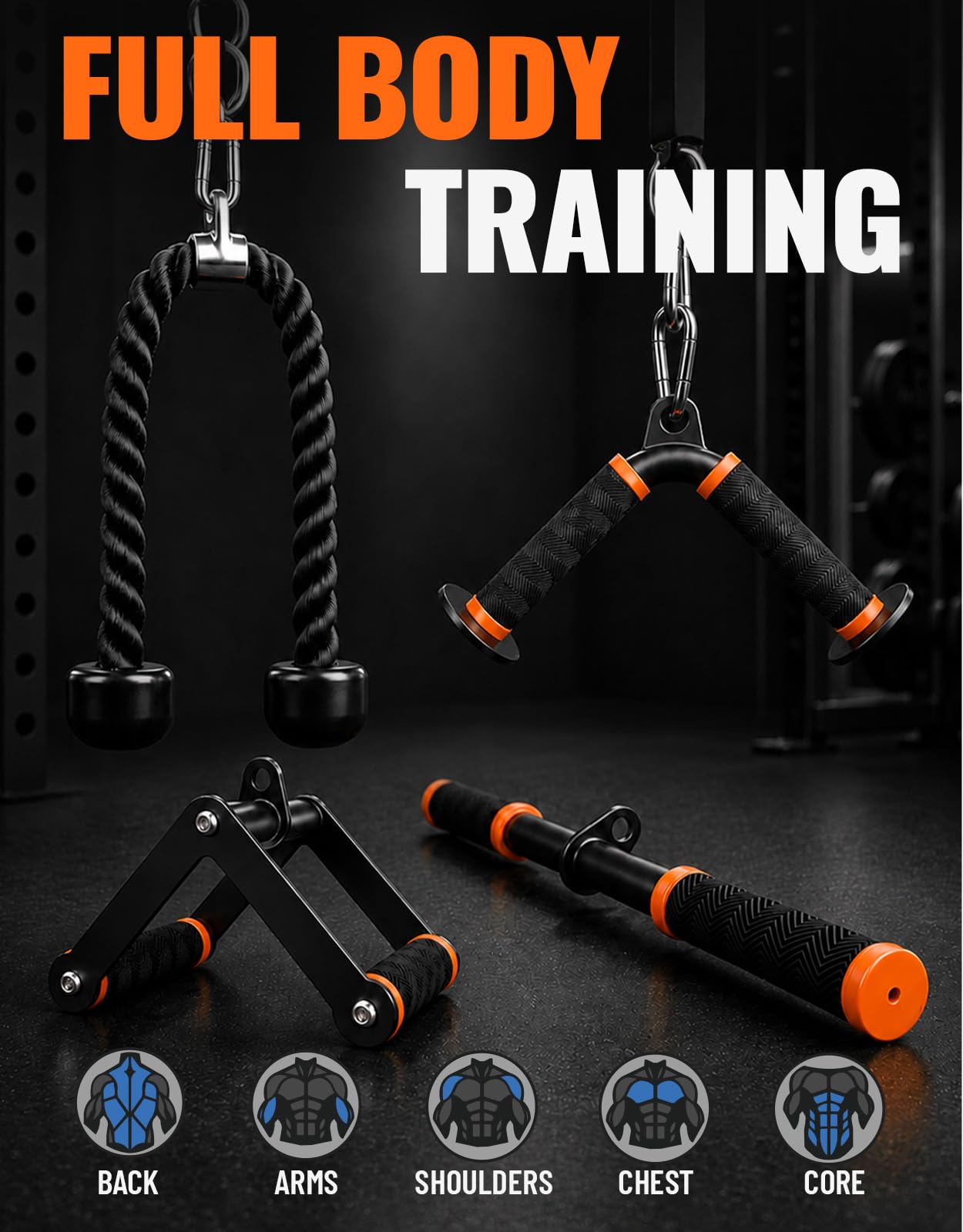 Fitarc Cable Machine Attachment Set for Gym & Home Workouts, Lat Pulldown Attachments with Non-Slip Grips, Orange