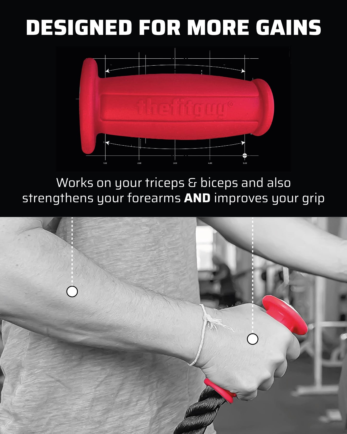 THEFITGUY Ergonomic Grip Single Tricep Rope Cable Attachment, 16.5” Length, Comfort Nonslip, Reducing Wrist Pressure & Rubs, Easy to Clean, Gym Pull Machine Accessory for Cable Machines and Smart Gyms