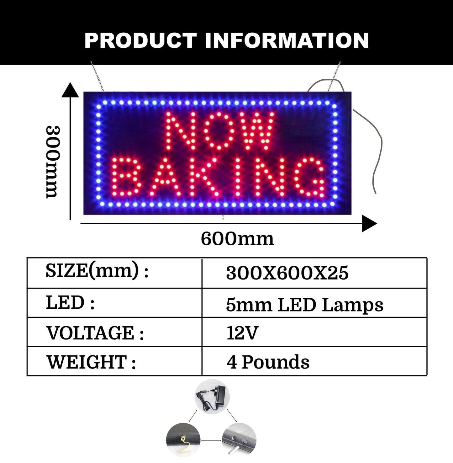 LED Now Baking Sign for Retail Business Displays |Advertising Electronic Light Up Sign for Windows Walls |12"h x 24"w x 2"d