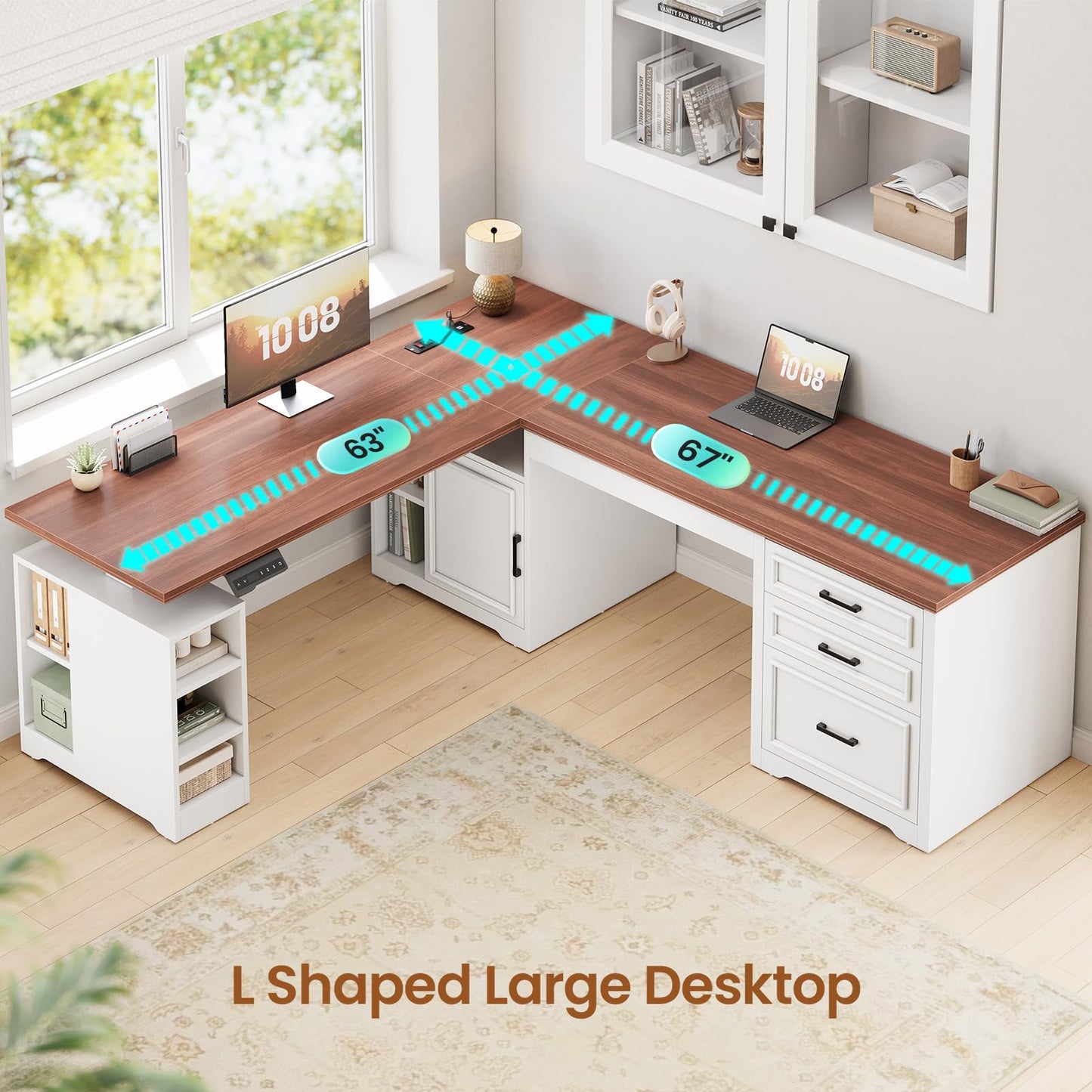 SEDETA Farmhouse L Shaped Electric Standing Desk, 63" x 67" Height Adjustable Home Office Executive Desk with Drawers, Standing Computer Desks with Power Outlet for Home Office, White+Brown