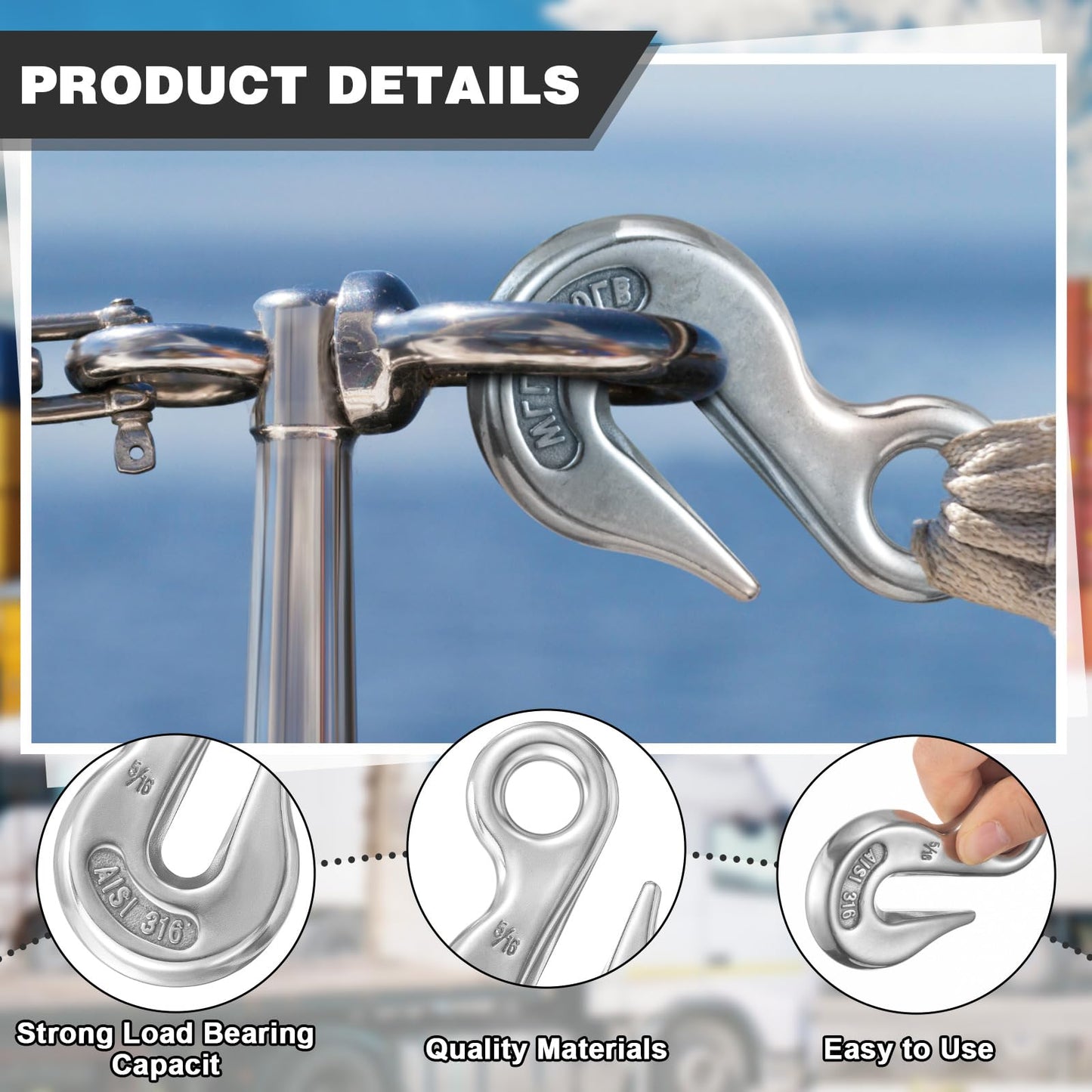 Otoolling 4 Pcs Stainless Steel 316 Eye Chain Grab Hook, 5/16 Inch, Heavy Duty Marine Grade for Truck, Boat, and Heavy Operations, 2000 Pounds Capacity