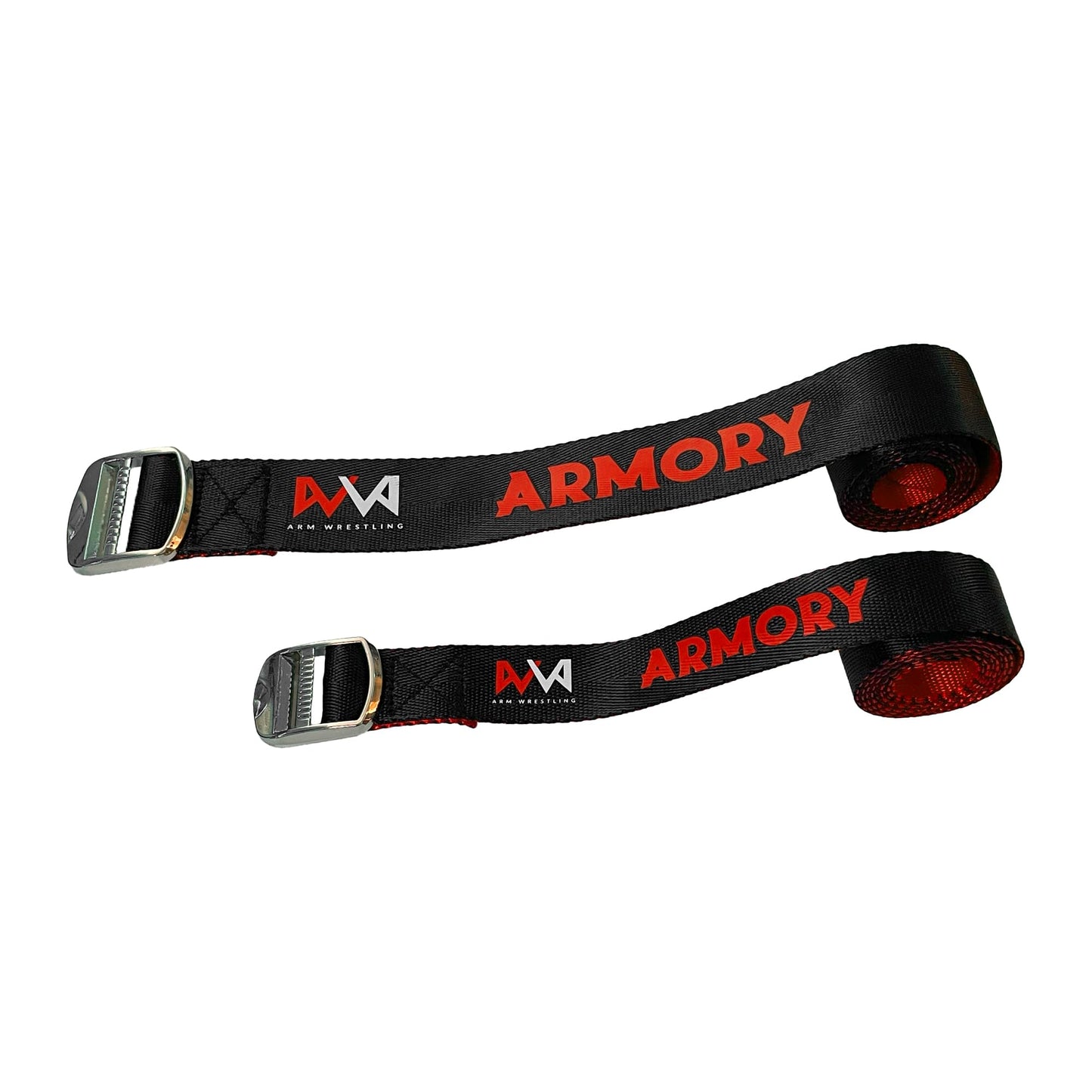 Arm Wrestling Strap Armory | Dual Color for Fair Setup | 45 Inch Long Metal Buckle | Smooth Rock Climbing Premium Grade Nylon | Pronation Supination Hand Forearm Grip Strengthener Belt | Black and Red (1 inch + 1.5 inch)