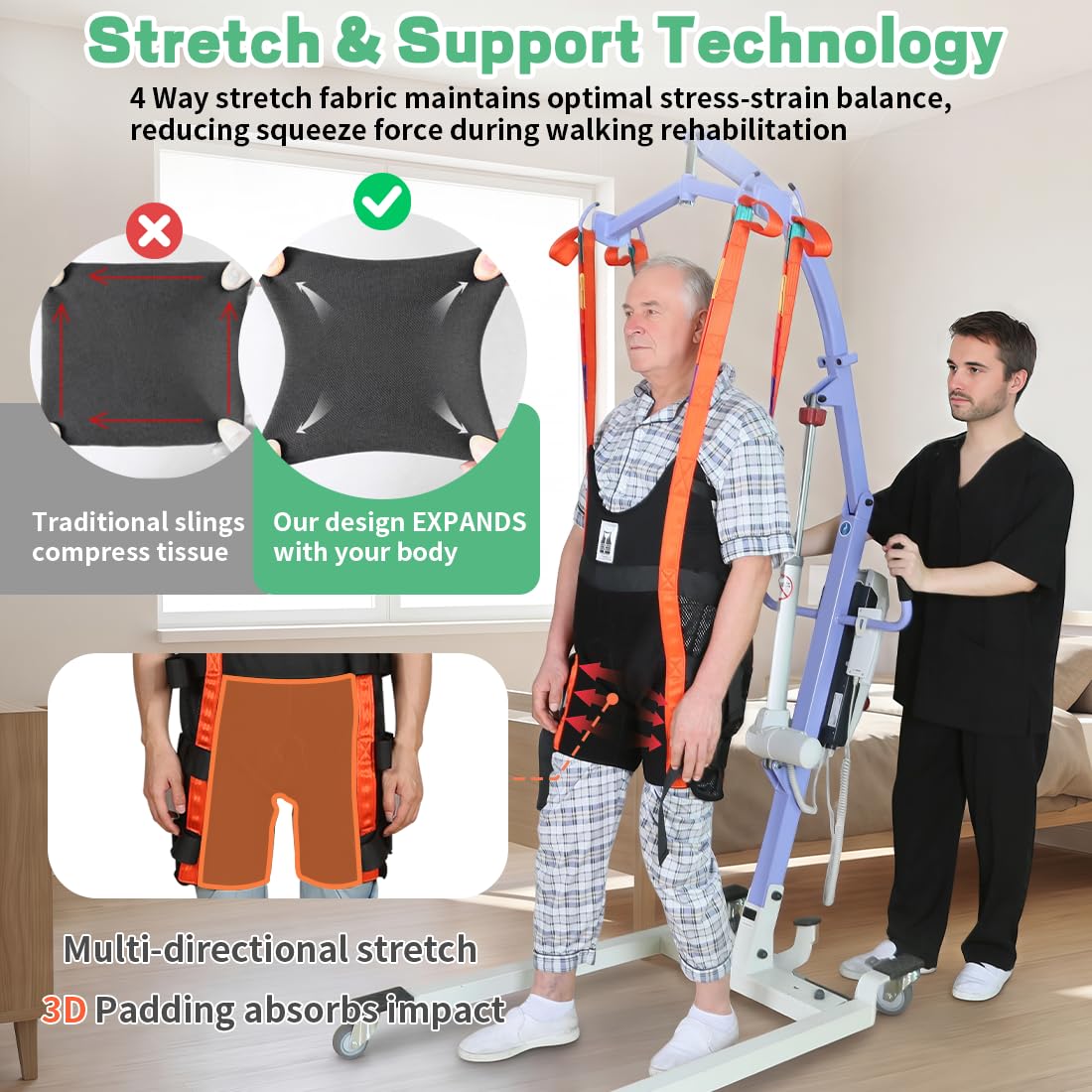 EHUCONELDEX Patient Lift Walking Sling with 4-Way Stretch Fabric,Lift Sling for Standing Support & Mobility Assistance, Padded Patient Transfer Sling for Elderly & Rehabilitation Use(Black, Small)