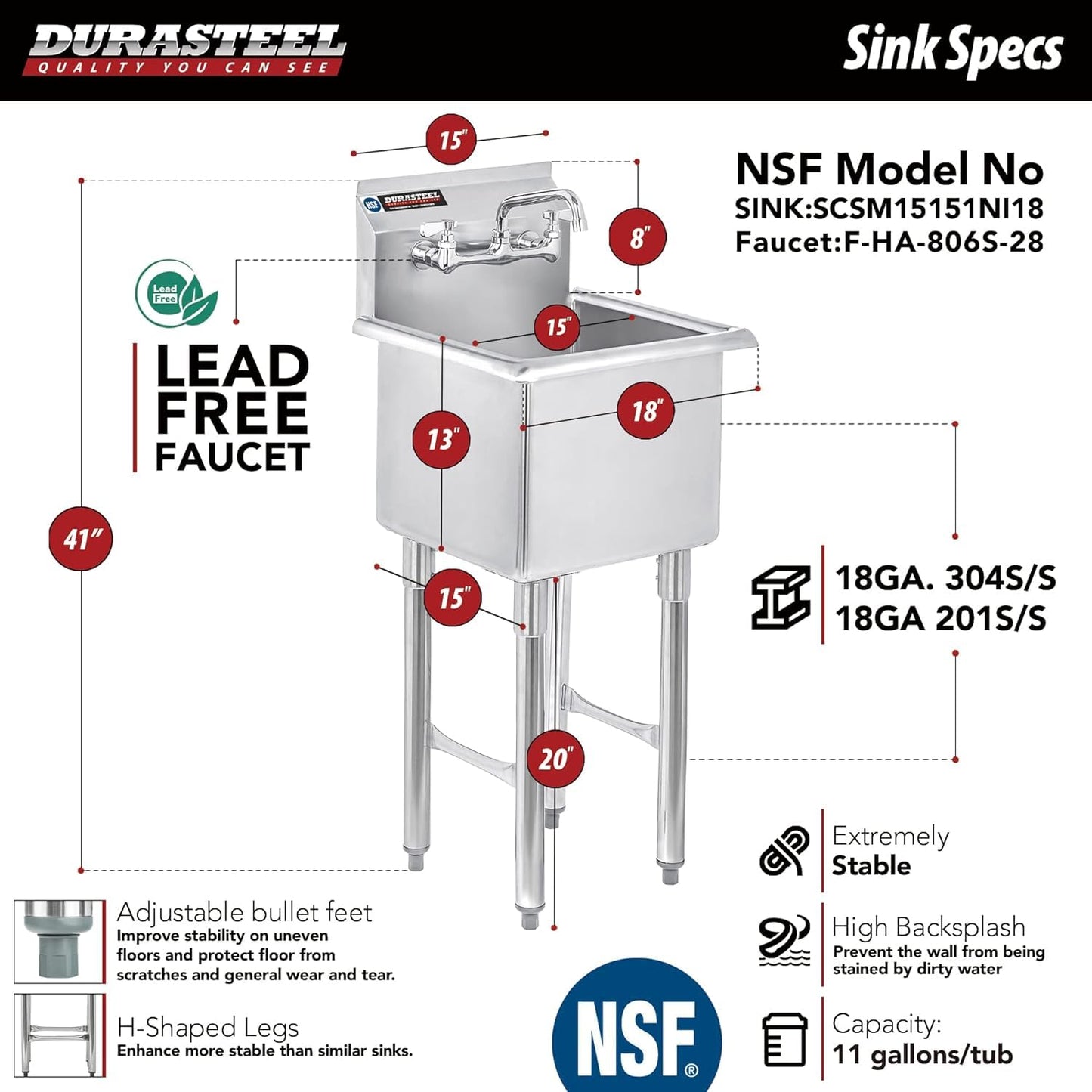 DuraSteel 304 Commercial Stainless Steel Utility Sink - 15 Inch Tub Freestanding Prep Kitchen Sink w/ Faucet - NSF Hand Wash Station for Kitchen Sinks, Outdoor, Laundry Room, Garage Small Kitchenette