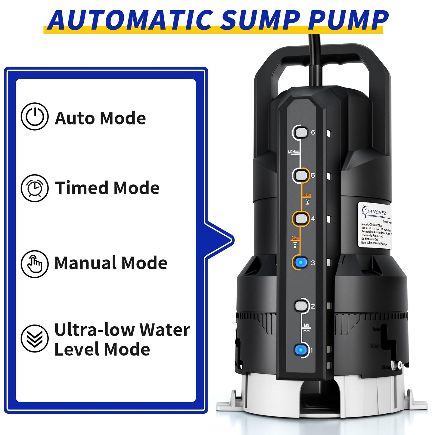 LANCHEZ 1.2HP 6000GPH Automatic Sump Pump with 6 Modes, Clean/Dirty Submersible Water Pump, Thermoplastic Water Removal Transfer Pump with 16FT Cord for Pools Basement Garden Pond, Black
