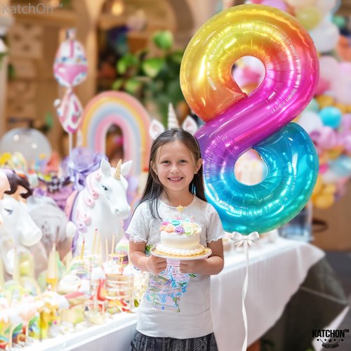 KatchOn Giant Rainbow Number 8 Balloon - 40 Inch Colorful Tie Dye Design for Birthday & Anniversary Celebrations