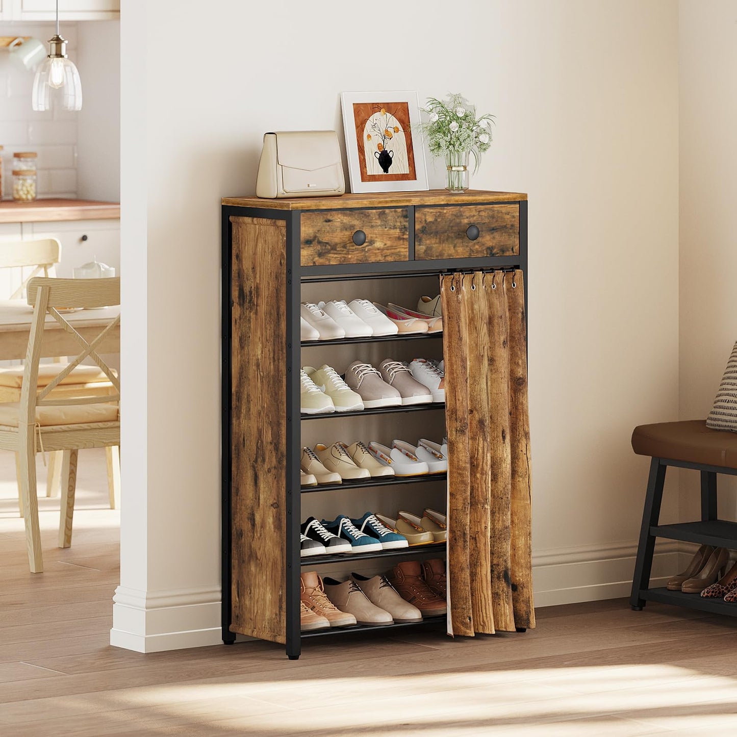 YATINEY 10-Tier and 6-Tier Shoe Rack with 2 Non-Woven Drawers, Entryway Shoe Storage with Dust Cover, Metal Shoe Organizer, Space Saving Shoe Cabinet, for Entryway, Closet, Hallway SS210BR-SS33BR