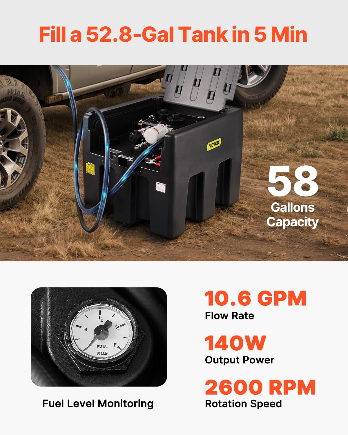 VEVOR Portable Diesel Tank, 58 Gallon Capacity & 10 GPM Flow Rate, Portable Fuel Tank with 12V Electric Transfer Pump and 13.1ft Rubber Hose, PE Diesel Transfer Tank for Easy Fuel Transportation Black