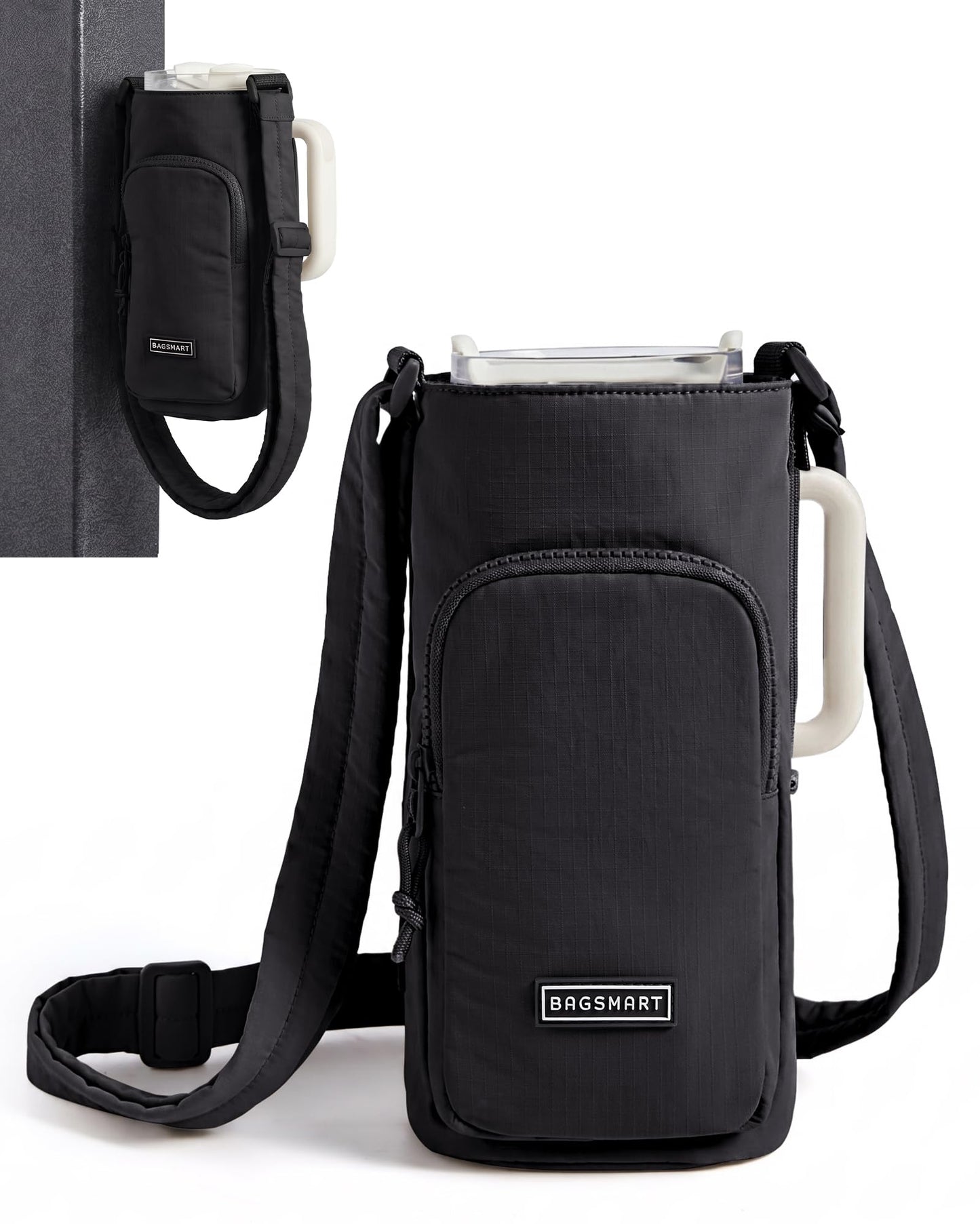 BAGSMART 40oz Magnetic Water Bottle Holder with Strap, Drink Carrier Bag Crossbody Gym Bag, Gym Accessories for Women/Men, Black