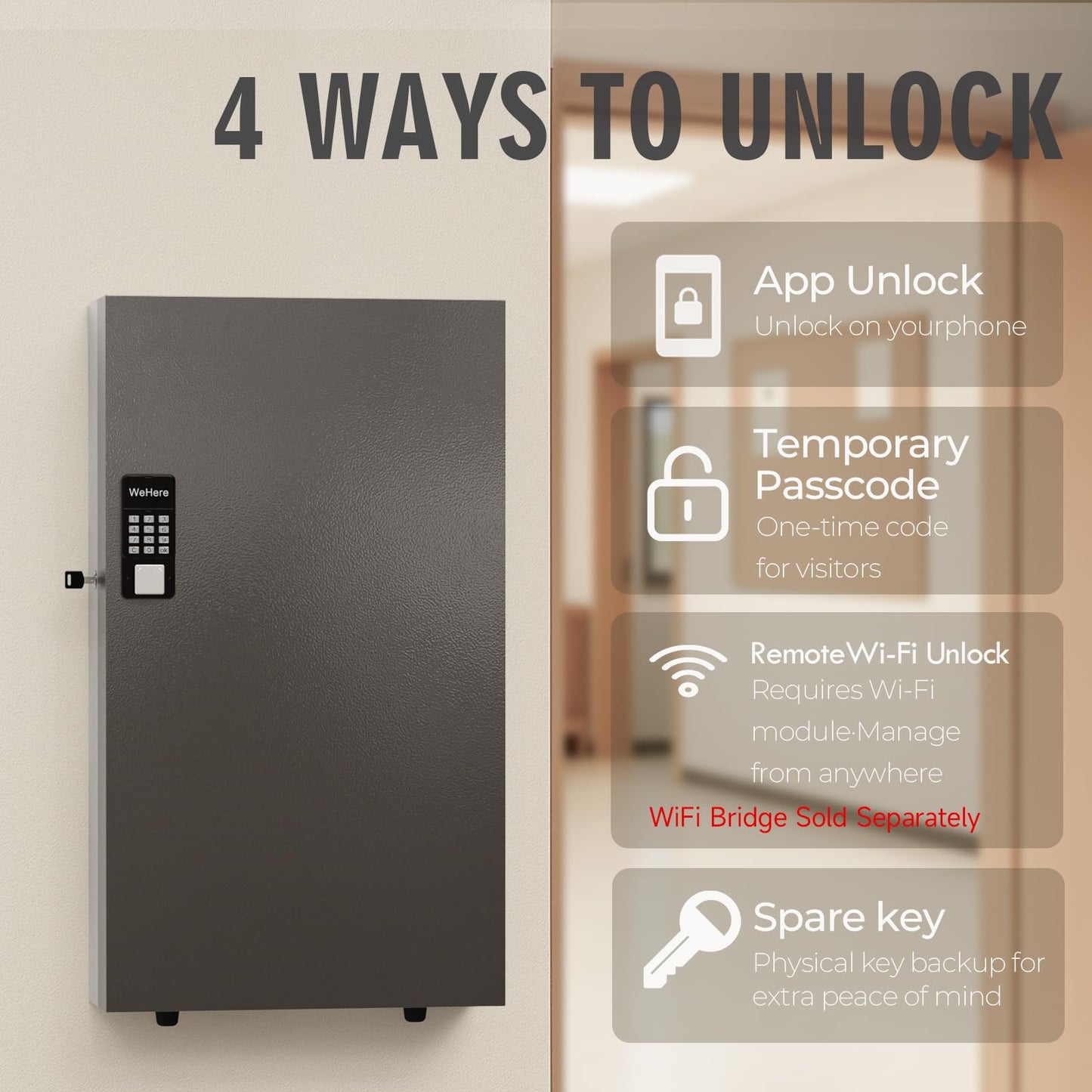 WeHere 360-Key Smart Key Lock Box, Wall-Mount Key Cabinet with Key Management App(Track Key Borrow/Return), Keypad, Bluetooth & WiFi Unlock (Sold Separately) for Commercial, School, Rental, Office