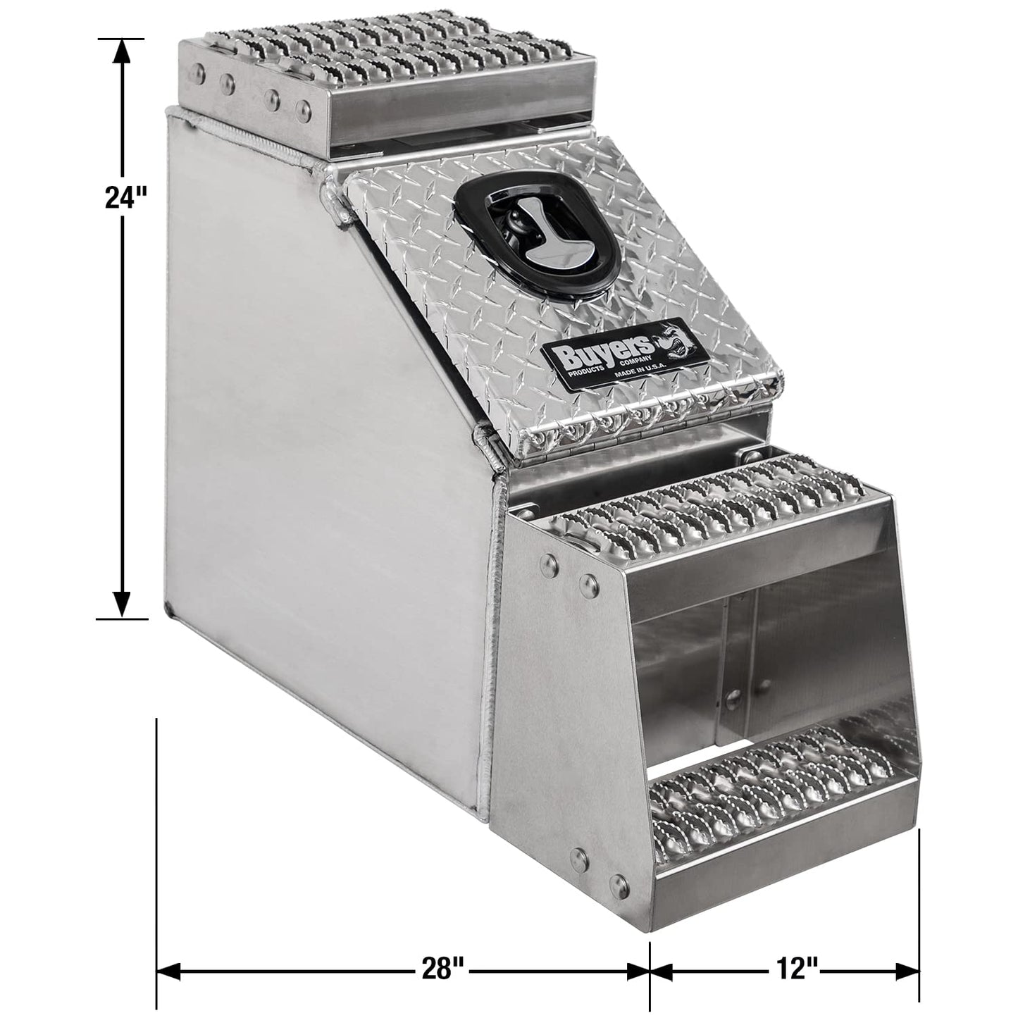 Buyers Products 1705180 Silver Diamond Tread Aluminum Heavy Duty Saddle Step Box, 24 x 28 x 12 Inch, Frame Steps With Built In Side Storage, Locking Die-cast Compression Latch, Semi-Truck Tool Box
