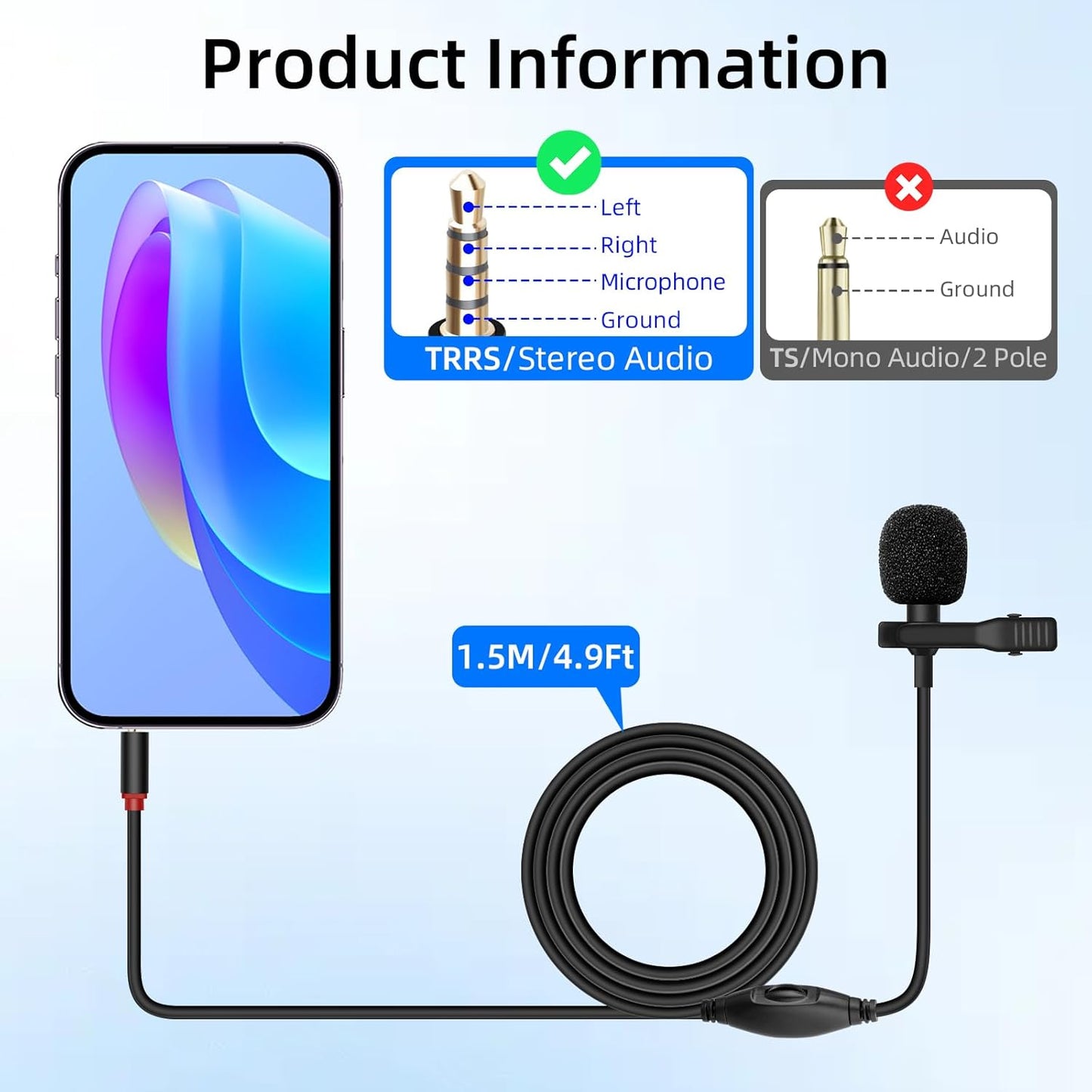 GELRHONR 3.5mm 3.5mm(1/8") 4.9FT Lavalier Microphone, TRRS Plug Invisible Lapel Microphone Wired for Phone, PC, Camera