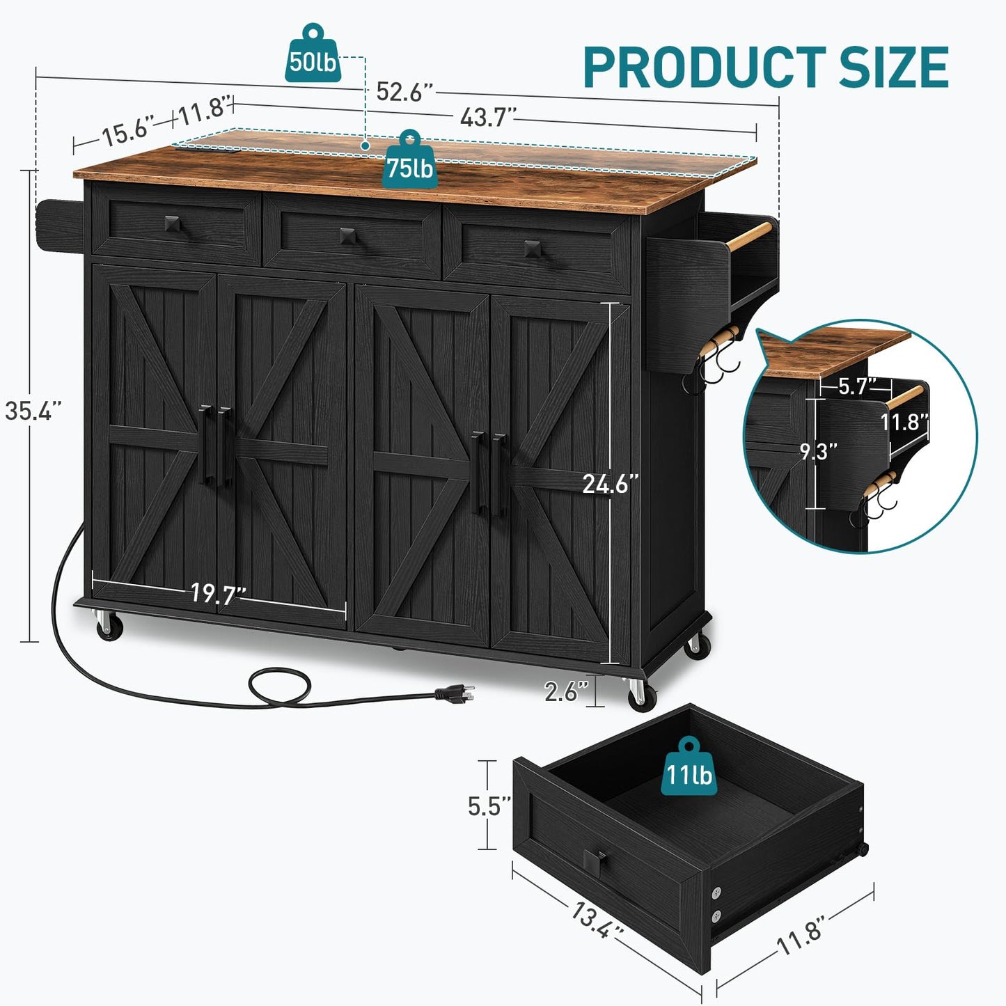 RALGEND Kitchen Island with Drop Leaf & Power Outlet, Rolling Kitchen Island Cart On Wheels, Barn Door Kitchen Island Table with Storage, Island Table for Kitchen, Black and Rustic Brown