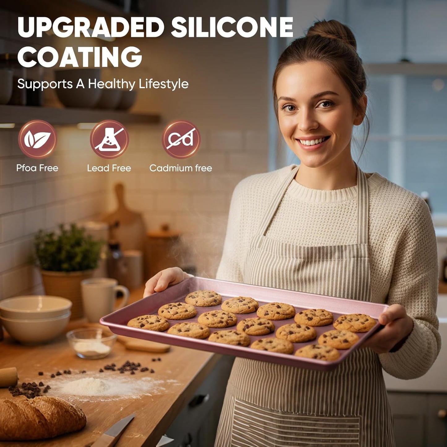 Sakerplus Nonstick Baking Sheet Pan Set - Heavy Duty Cookie Sheets | 0.6mm Thick, Rust-Resistant, Easy Clean (Pink)