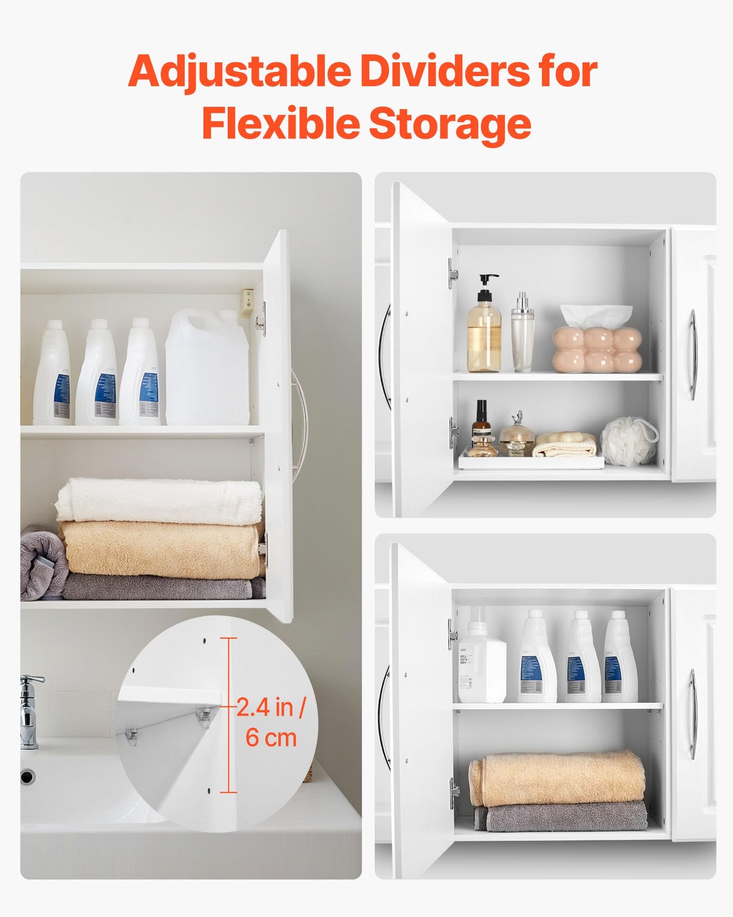VEVOR Laundry Room Wall Cabinet, 2-Tier Wall Mounted Hanging Cabinet with Adjustable Shelf, Cupboard Storage with 3 Doors, for Kitchen, Bathroom, Laundry, 12.44 x 54 x 20.31 in (D x W x H), White