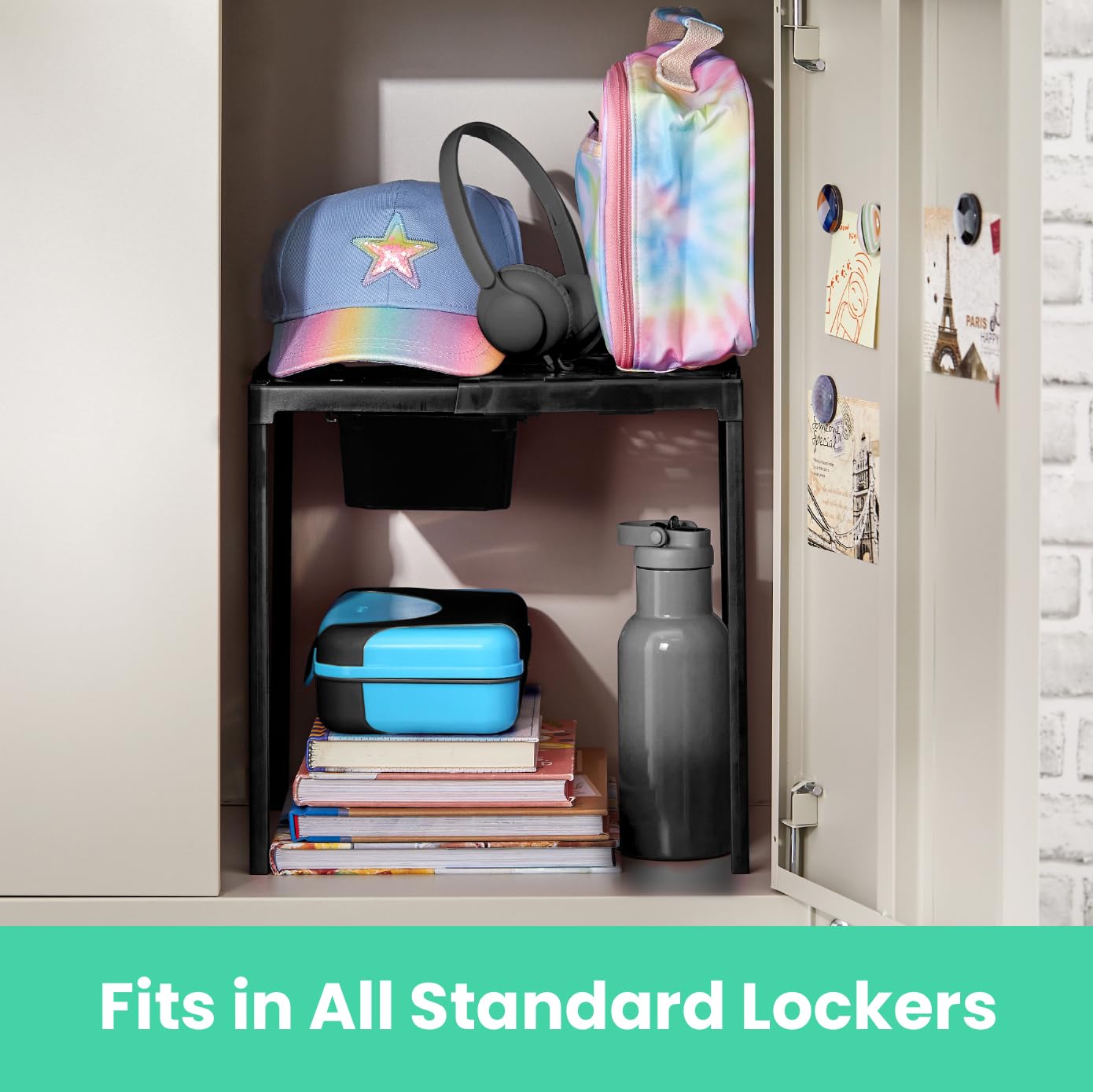 LockerMate Adjust-A-Shelf Locker Shelf & Organizer, Extends to Fit Your Locker, Includes Storage Drawer, Black