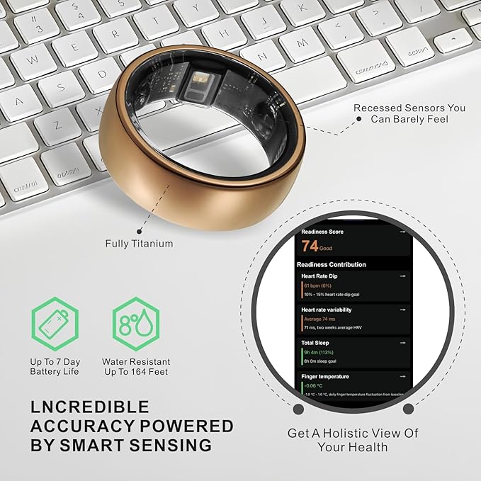 Smart Ring, Activity Trackers, Sleep Ring, Fitness Tracking, Stress Tracker, Heart Rate, Meditation, Temperature, Respiratory, No App Subscription, Women, Men, iOS, Android (Rosegold, 7)