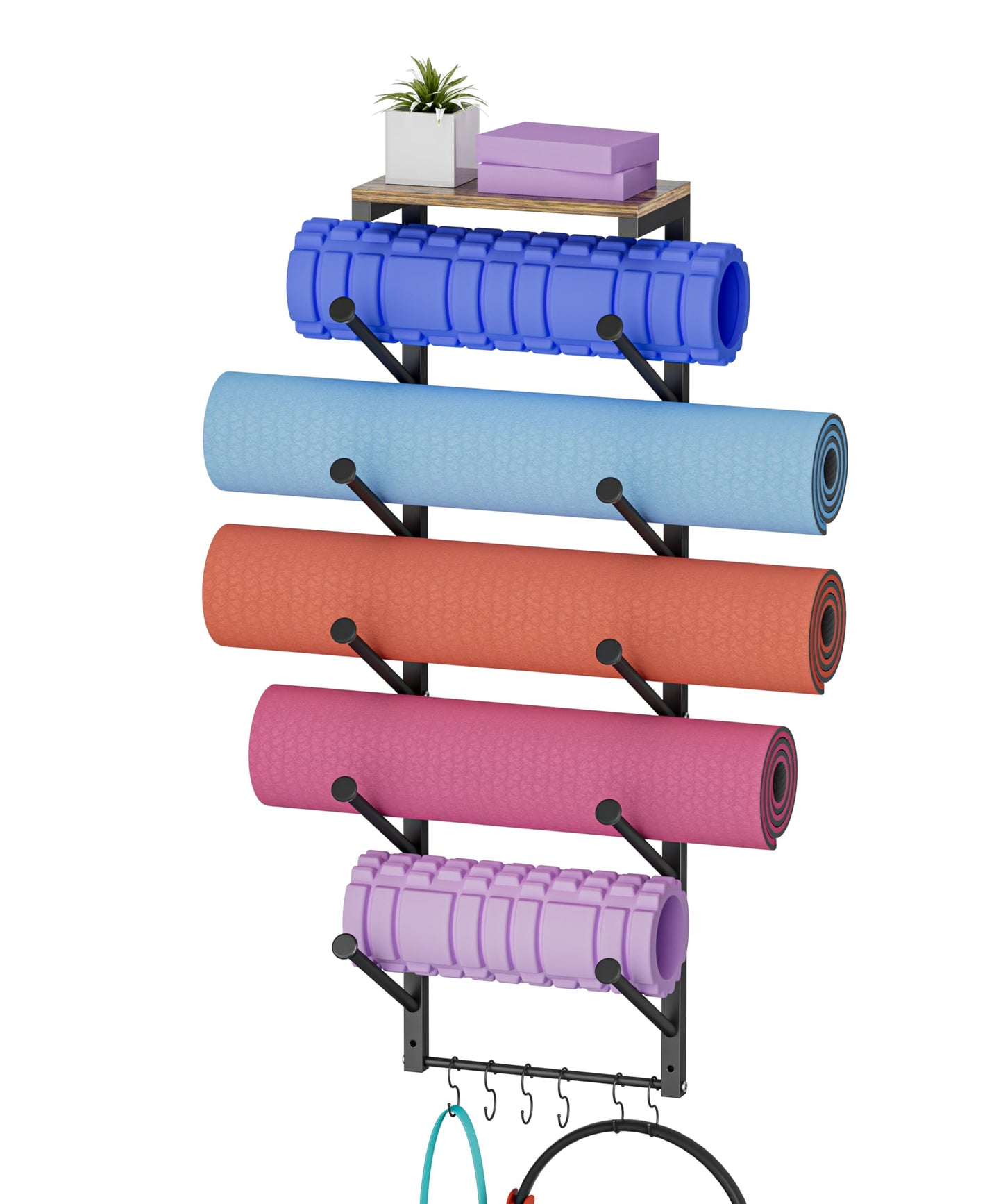 WAALIJI 5 Tiers Yoga Mat Holder Rack Wall Mount with 6 Hooks for Hanging Accessory Yoga Strap Foam Rollers Resistance Bands, Yoga Mats Organizer with Floating Shelf for Home Gym Storage Fitness, Black