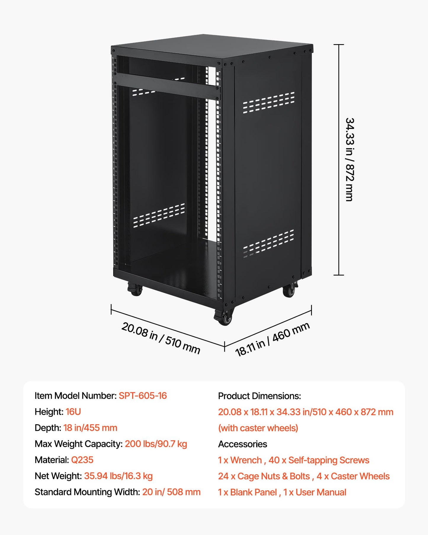 VEVOR 16U AV Rack, Recording Studio Rack Cabinet, Open Frame Server Rack with Locking Caster Wheels, Removable Side Panels & Vent Design for 19" Network, Audio, Video, IT & Network Equipment Mounting