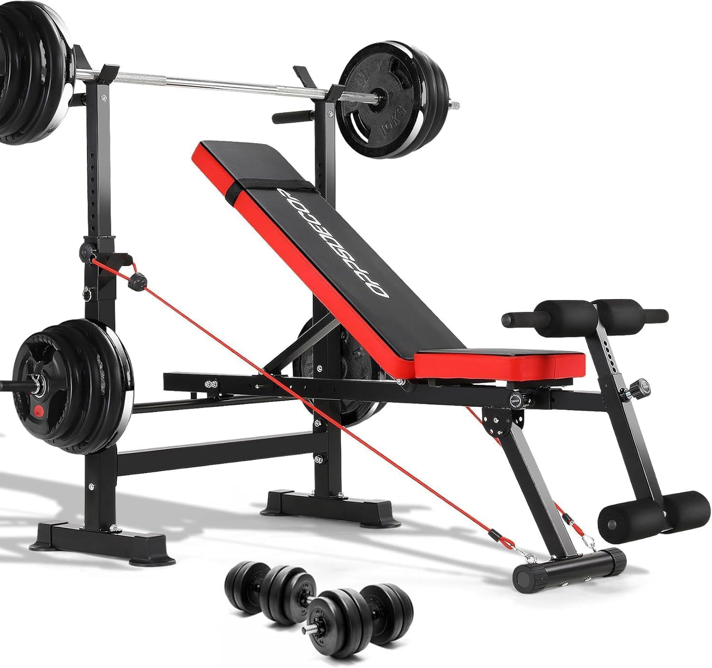 OPPSDECOR Adjustable Weight Bench Set With Removable Rowing Leg Catch, 600LBS Foldable Bench Press Set with Squat Rack Flat Incline Sit Up Workout Bench for Home Gym Strength Training (Scarlet)