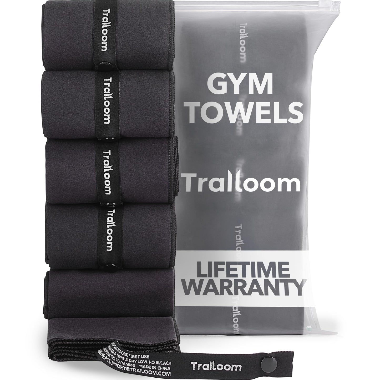 Trailoom Microfiber Workout Towels - Quick Dry, Highly Absorbing, Odor-Free, for Men & Women - Gym Sweat Sports Towel for Hot Yoga, Tennis, Running, Exercise, Working Out, Camping, Set of 5 Black