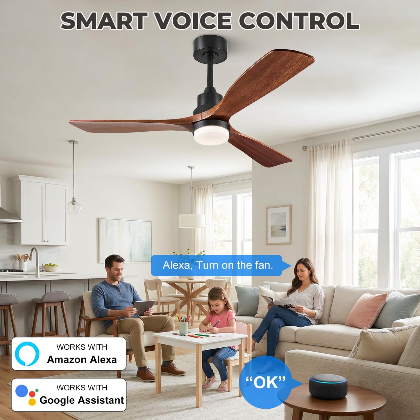 ORGINESE 60 inch Smart Ceiling Fan with Lights,Outdoor Ceiling Fan 3 Wood Blades Compatible with Alexa/Gg Voice Control&App&Remote,Quiet DC Motor for Covered Patio Porch Bedroom,Dark Walnut