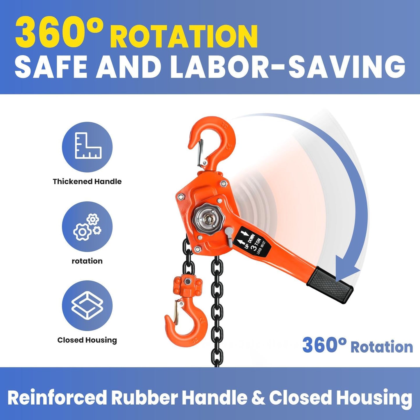 6600lbs Capacity ChainLift, Heavy Duty G80 Steel Lever Hoist with Dual Brake System & 360° Hook, Durable Come Along for Garage and Farm (3Ton20FT)
