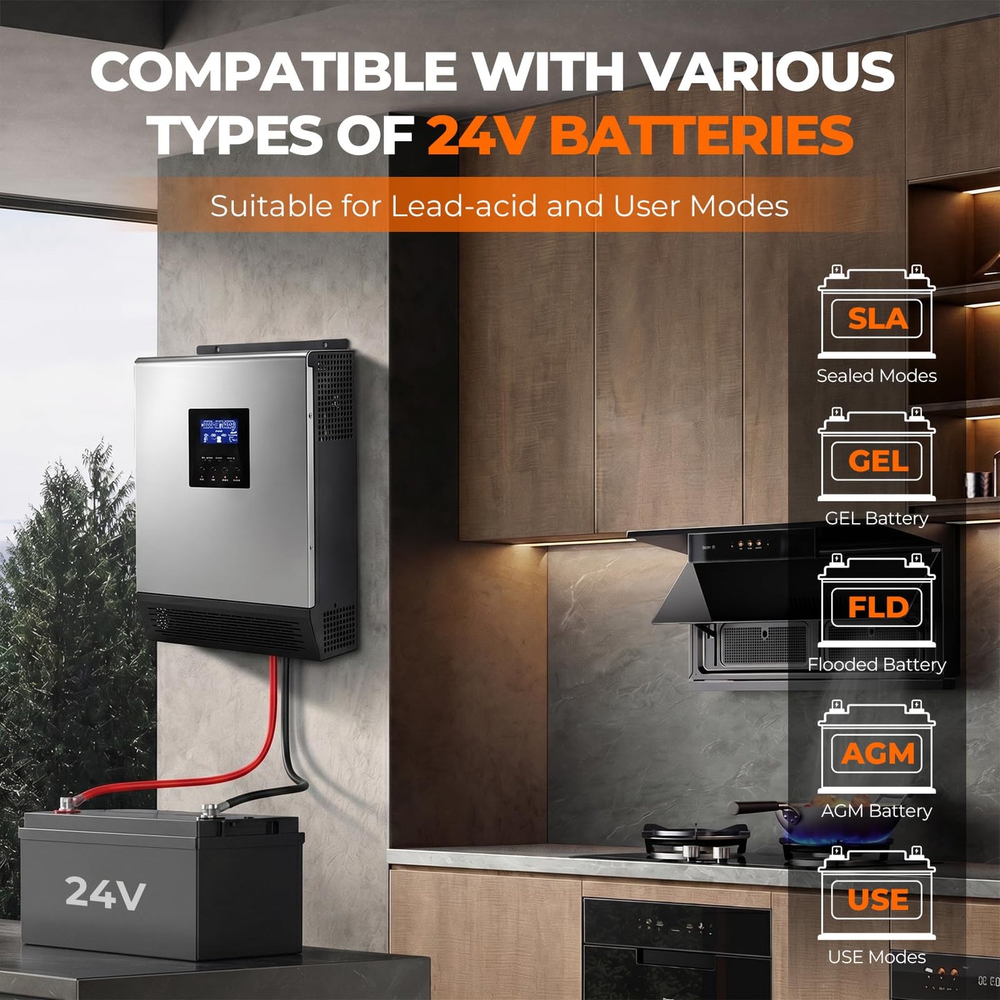 AuraSolar Hybrid Solar Inverter, 2400W 24V DC to 120V AC Pure Sine Wave Power Inverter, Built-in 50A Solar Charge Controller with LCD Display, for Off-Grid Home Backup RV, AGM/Gel/FLD/Lead-Acid