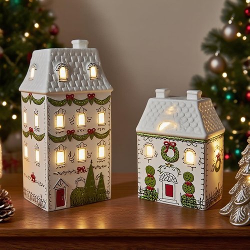 Cynkeyee Christmas House Décor - 6-Inch White Ceramic Village with Lights for Indoor Tabletop Display