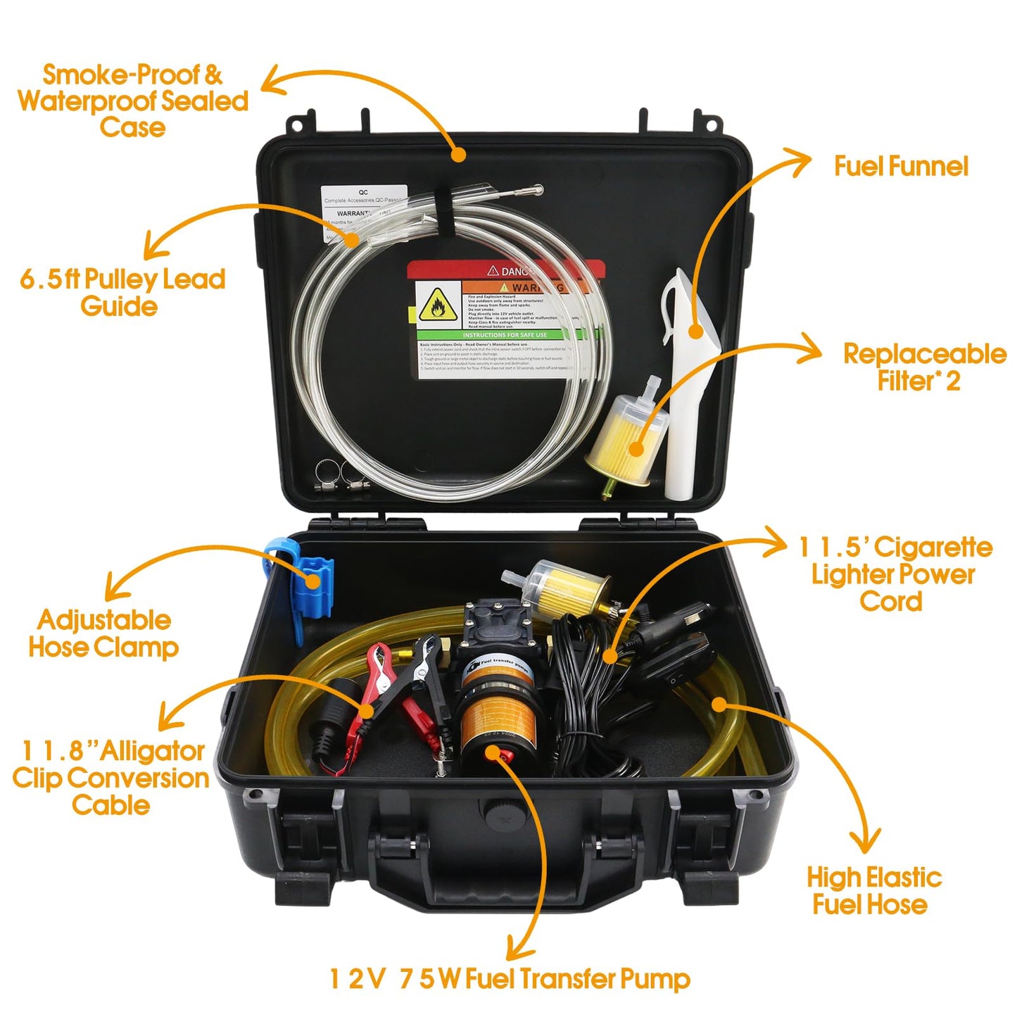 Steauty 12V 75W Fuel Transfer Pump Set, gasoline transfer pump Moves Up to 110 Gallons Of Gas or Diesel Per Hour, with Patented Pulley Lead Pipe,for Vehicles, Boats, Equipment, UTV (110GPH, PRO SET)