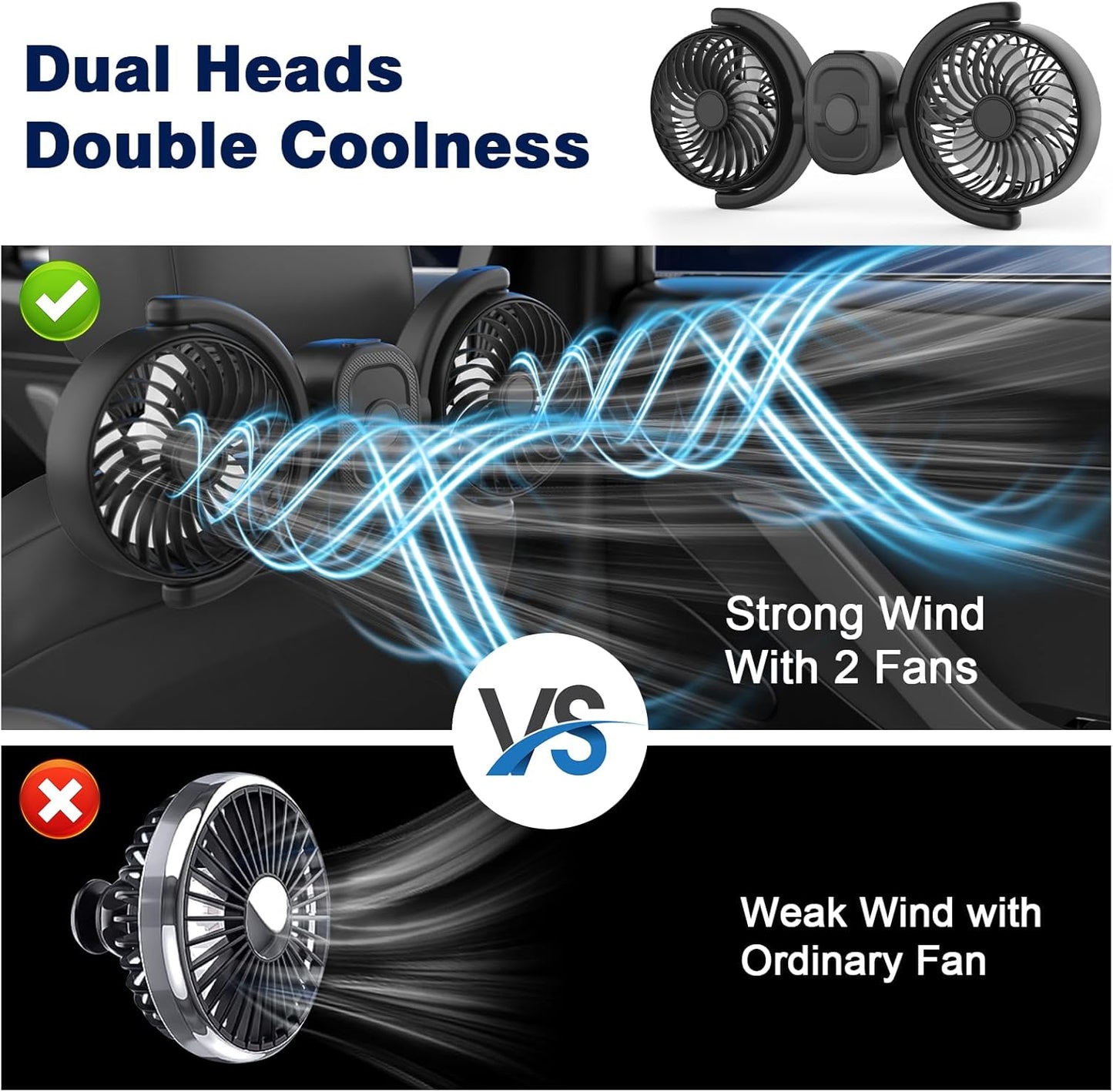 360 3-Speed 5V 2A Hayousui Rechargeable Dual-Head Fan for Car: USB Cooling Backseat Fans for Baby with Rotatable