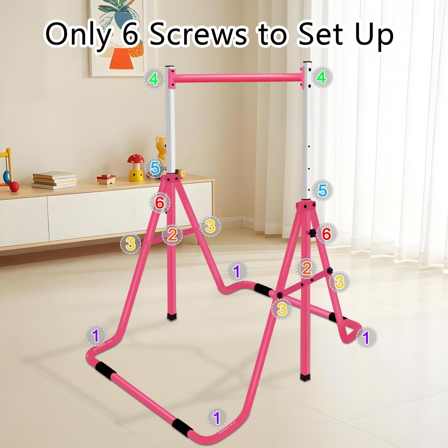 QILEBA Gymnastics Bar for Kids, Adjustable Height Gymnastic Horizontal Bars, Folding Gymnastic Junior Training Monkey Bars Equipment for Home Indoor/Outdoor Using, Pink