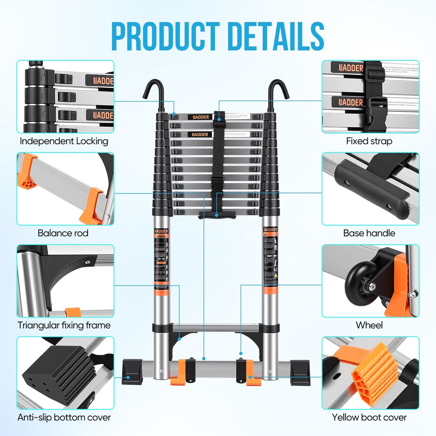 Telescoping Ladder,16.5 FT Extension Ladder w/Hooks, Stabilizers,Wheels, Heavy Duty 330lbs Max Capacity, Collapsible Folding Ladder for Rv,Roof,Outdoor