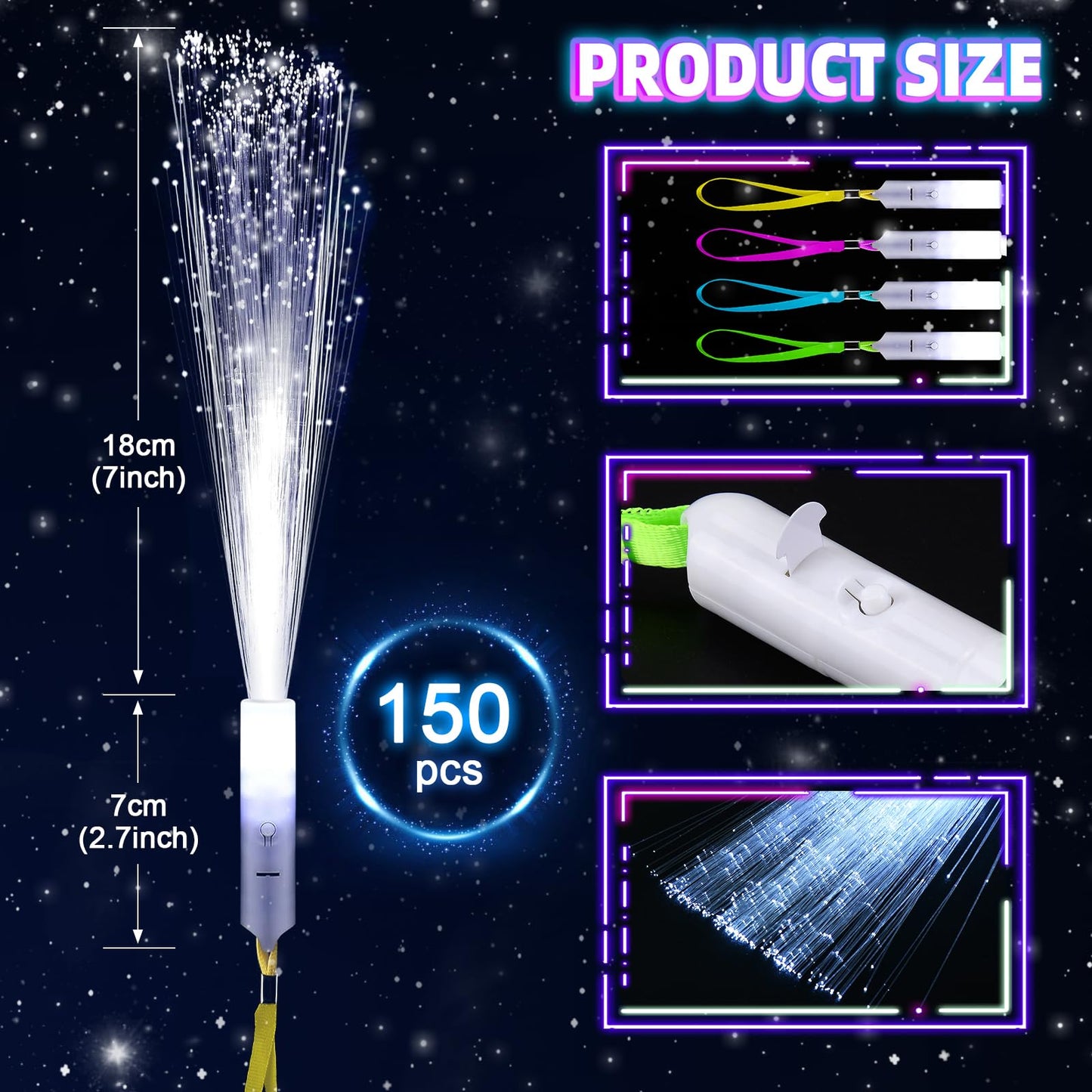 150 PCS White Fiber Optic Sticks, Glow Wands & Light Up Wands for Kids, Fiber Optic Wand with 3 Light Modes, Glow in The Dark Party Supplies, Wedding Party Supplies, for Wedding, New Year, Birthday