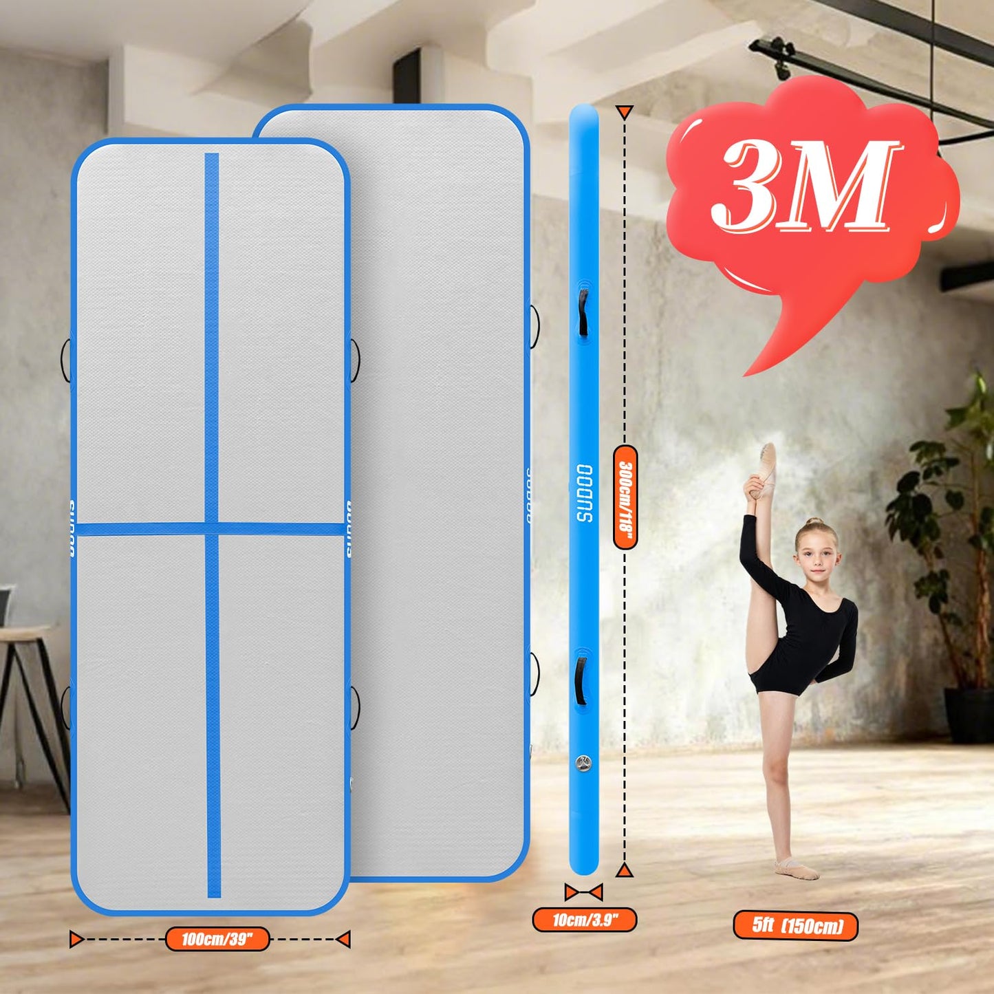 10ft Inflatable Gymnastics Tumbling Mat 4" Thick Air Tumble Track Gymnastics Training Mat with Electric Air Pump for Home Use/Tumble/Gym/Exercise/Training/Cheerleading/Yoga/Parkour/Beach/Park/Water