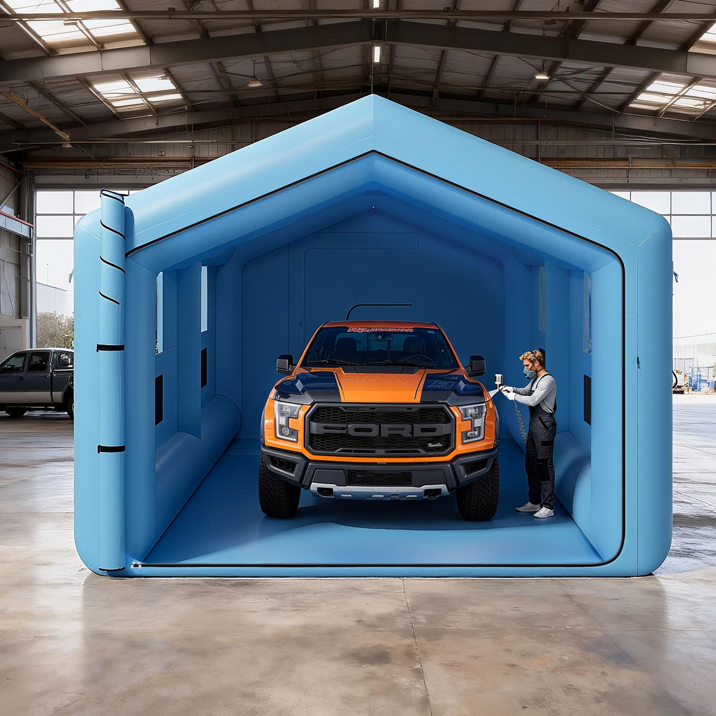 VEVOR Inflatable Paint Booth, 39.37 x 16.40 x 13.12 ft, Inflatable Spray Booth with 950W+1100W Blowers, Air Filter System, Triangular Roof, for Painting Car, Truck, Furniture, Automotive Sheet Metal