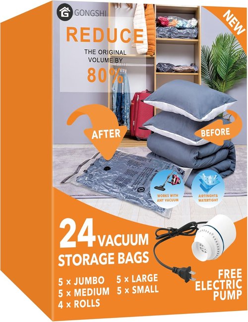 GONGSHI Vacuum Seal Bags - Space-Saving Storage for Clothes & Blankets | 24 Combo with Electric Pump