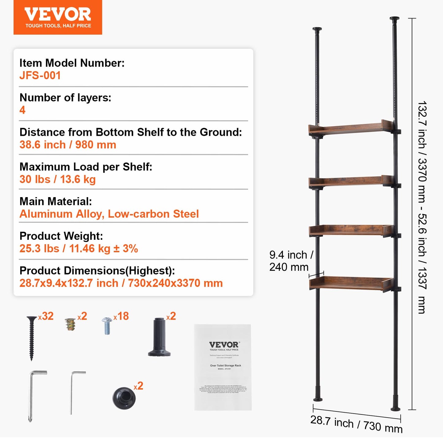 VEVOR Over the Toilet Storage, 4-Tier Adjustable Over Toilet Bathroom Organizer, Low-carbon Steel 53"-132" Tall Storage Shelf Rack, Easy Assembly Laundry Space Saver, for Small Rooms, Fit Most Toilets