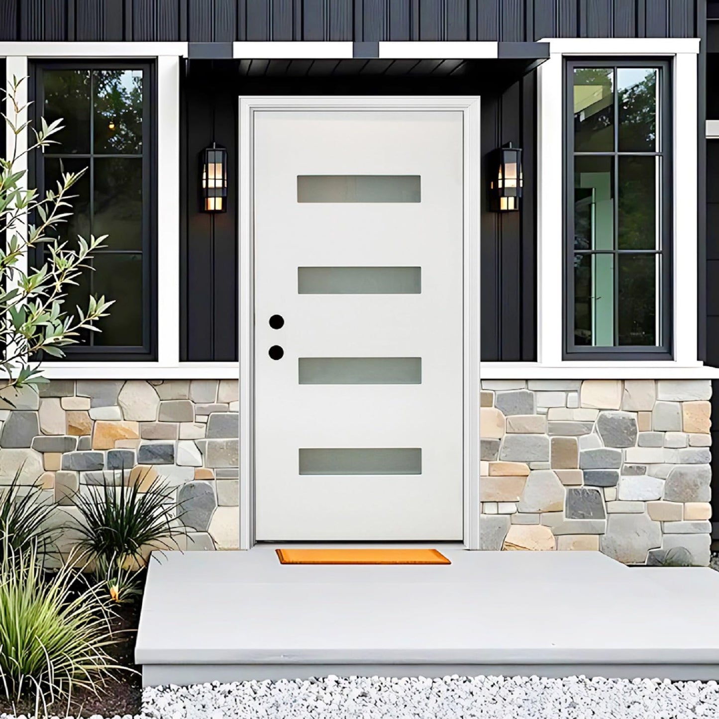 Fiberglass Exterior Front Door 36x80In, Right-Hand Inswing Featuring 4-Lite Frosted Glass White Primed Knock-Down Entry Door with Brickmould and Vinyl Frame